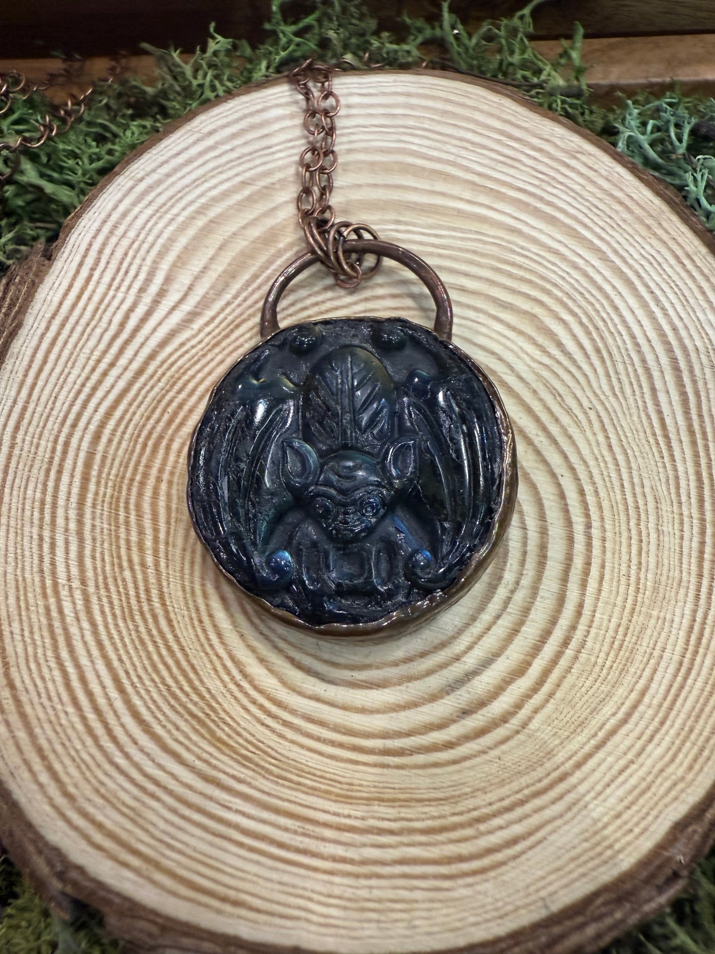 Electroformed Carved Labradorite Bat Necklace
