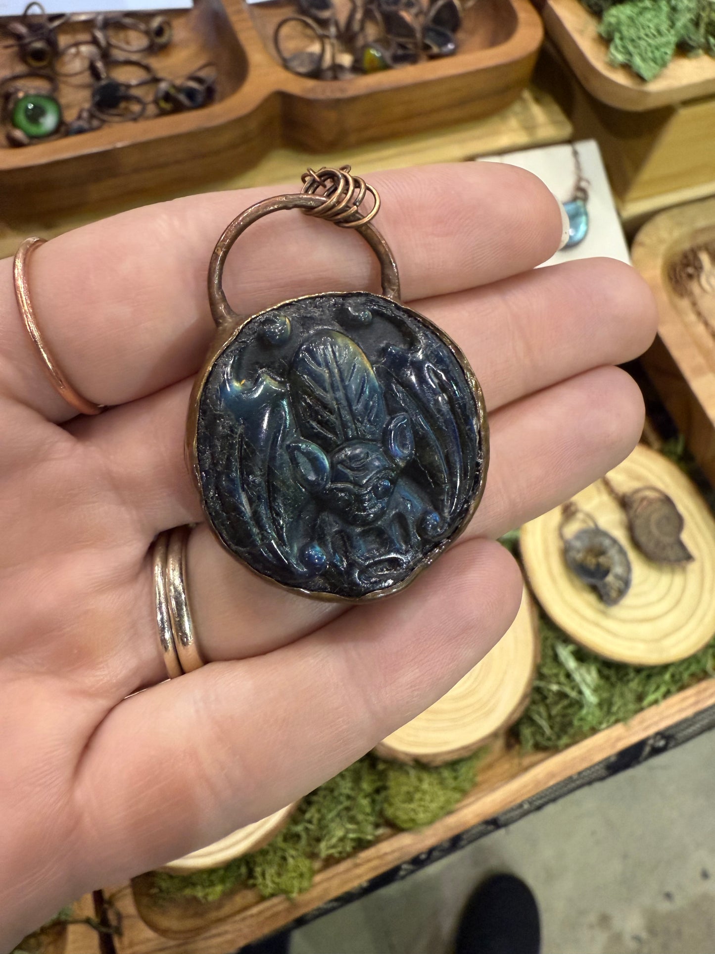 Electroformed Carved Labradorite Bat Necklace