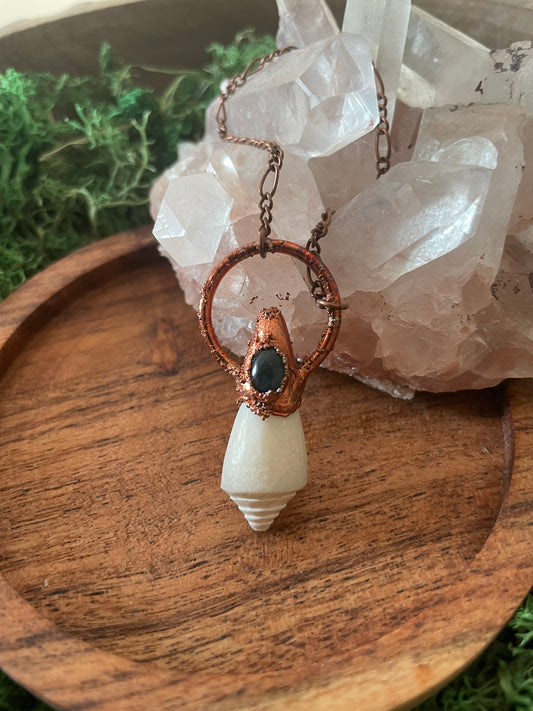 Electroformed Copper Shell and Moss Agate Stone Necklace
