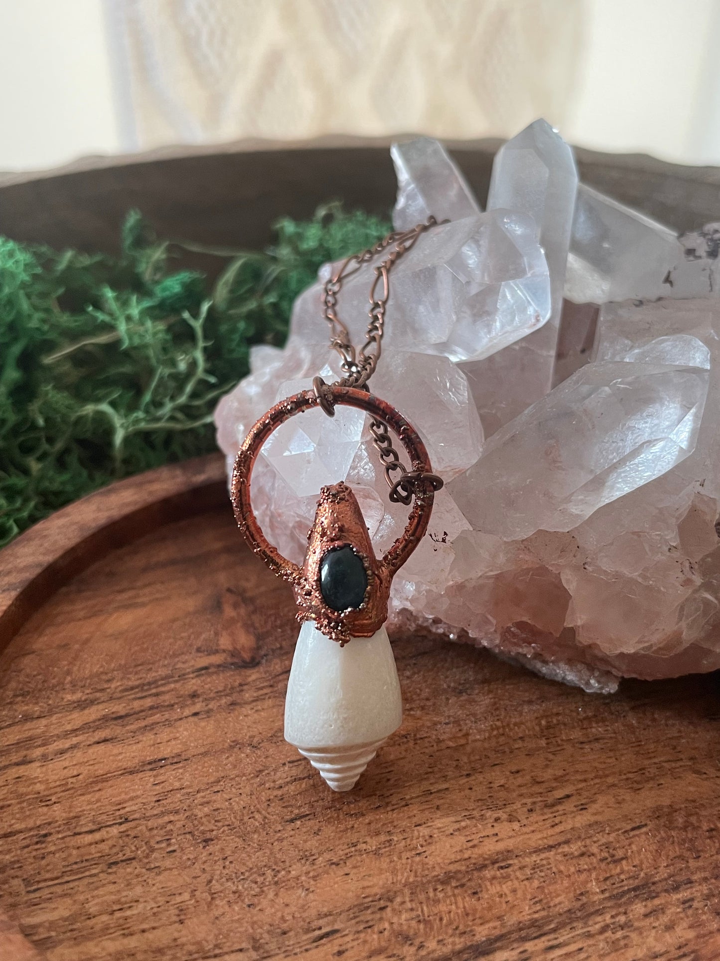 Electroformed Copper Shell and Moss Agate Stone Necklace
