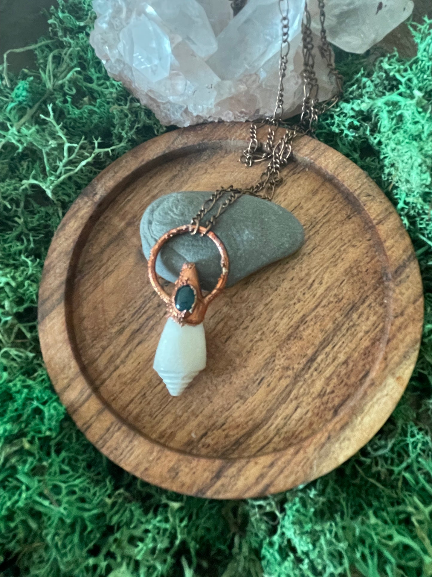 Electroformed Copper Shell and Moss Agate Stone Necklace