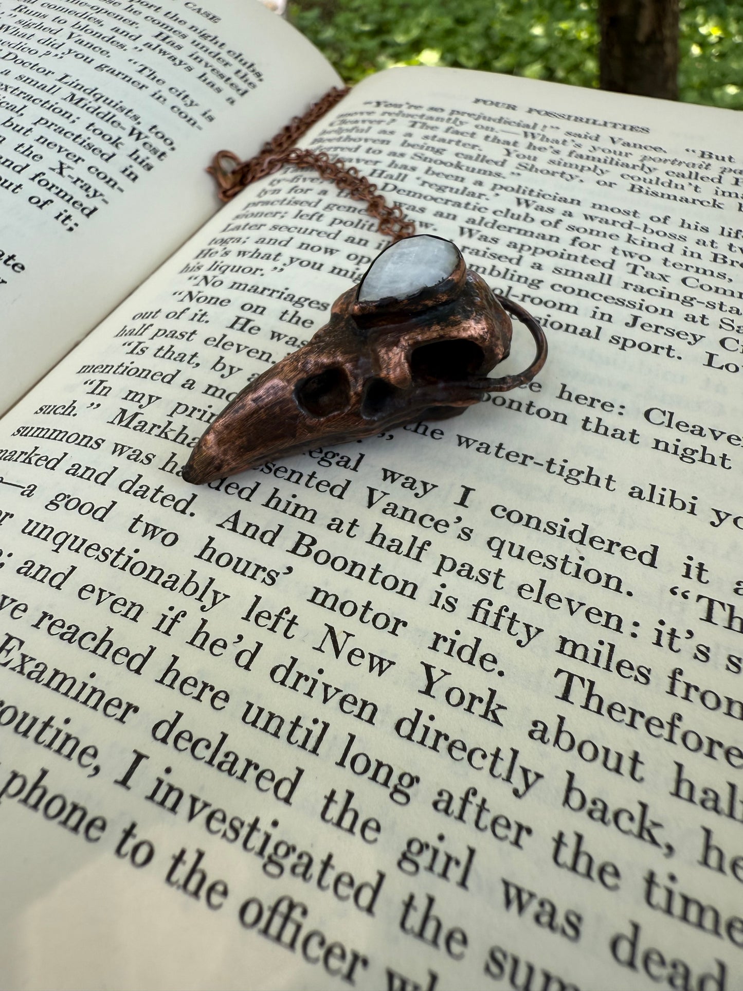 Electroformed Copper Raven Skull with Moonstone Necklace