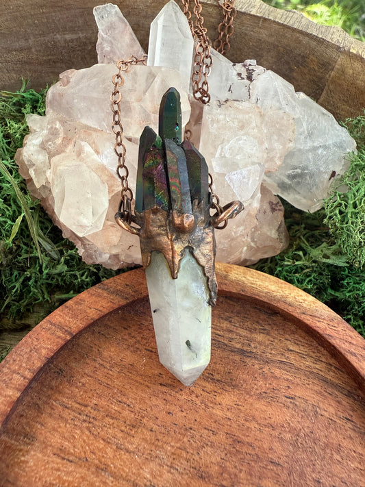 Electroformed Aura Quartz/ Rutilated Quartz Amulet Necklace