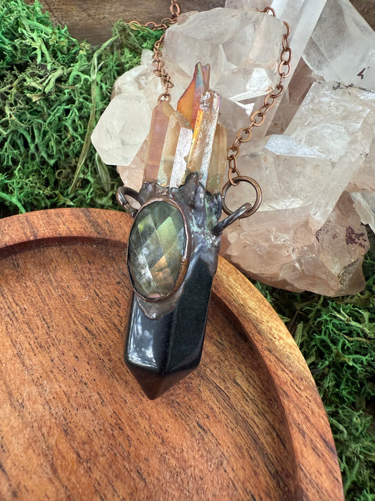 Electroformed Quartz/Labradorite/Obsidian Amulet Necklace