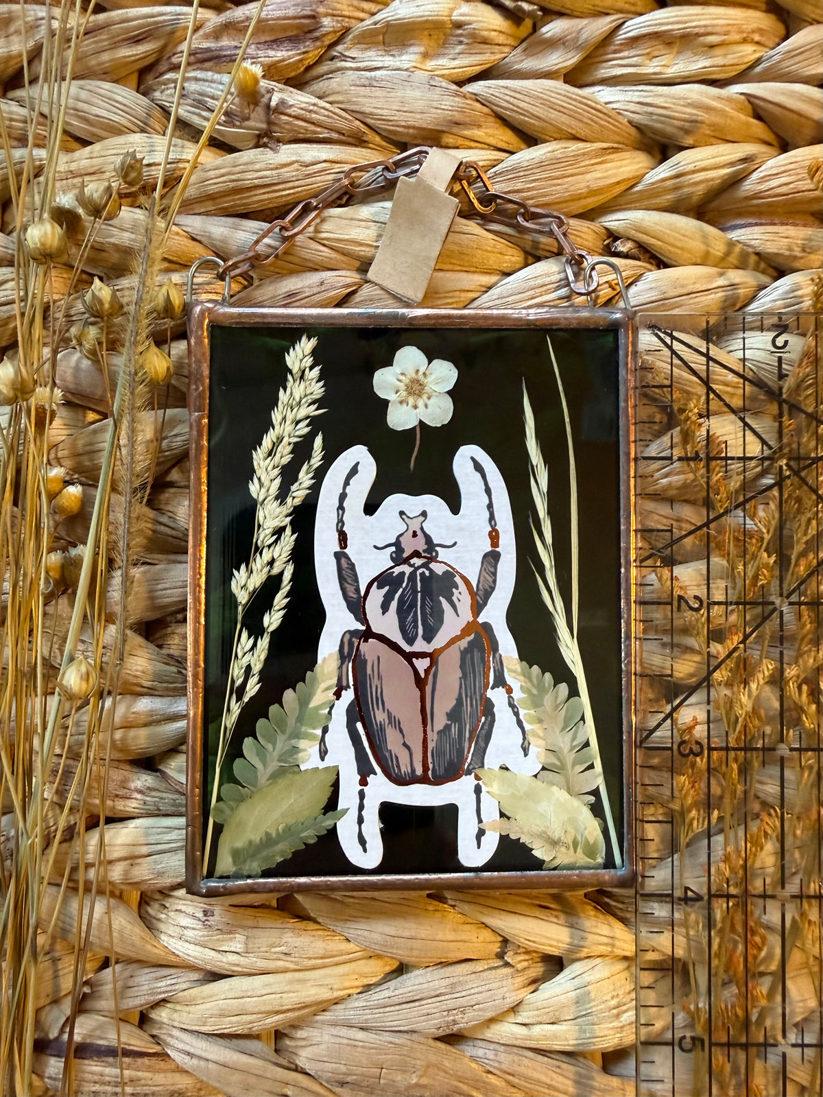 Botanical Stained Glass - Paper Beetle, Green Glass