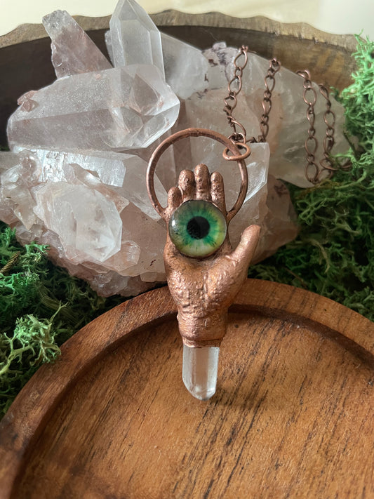 Electroformed Copper Hand/Eye Quartz Necklace