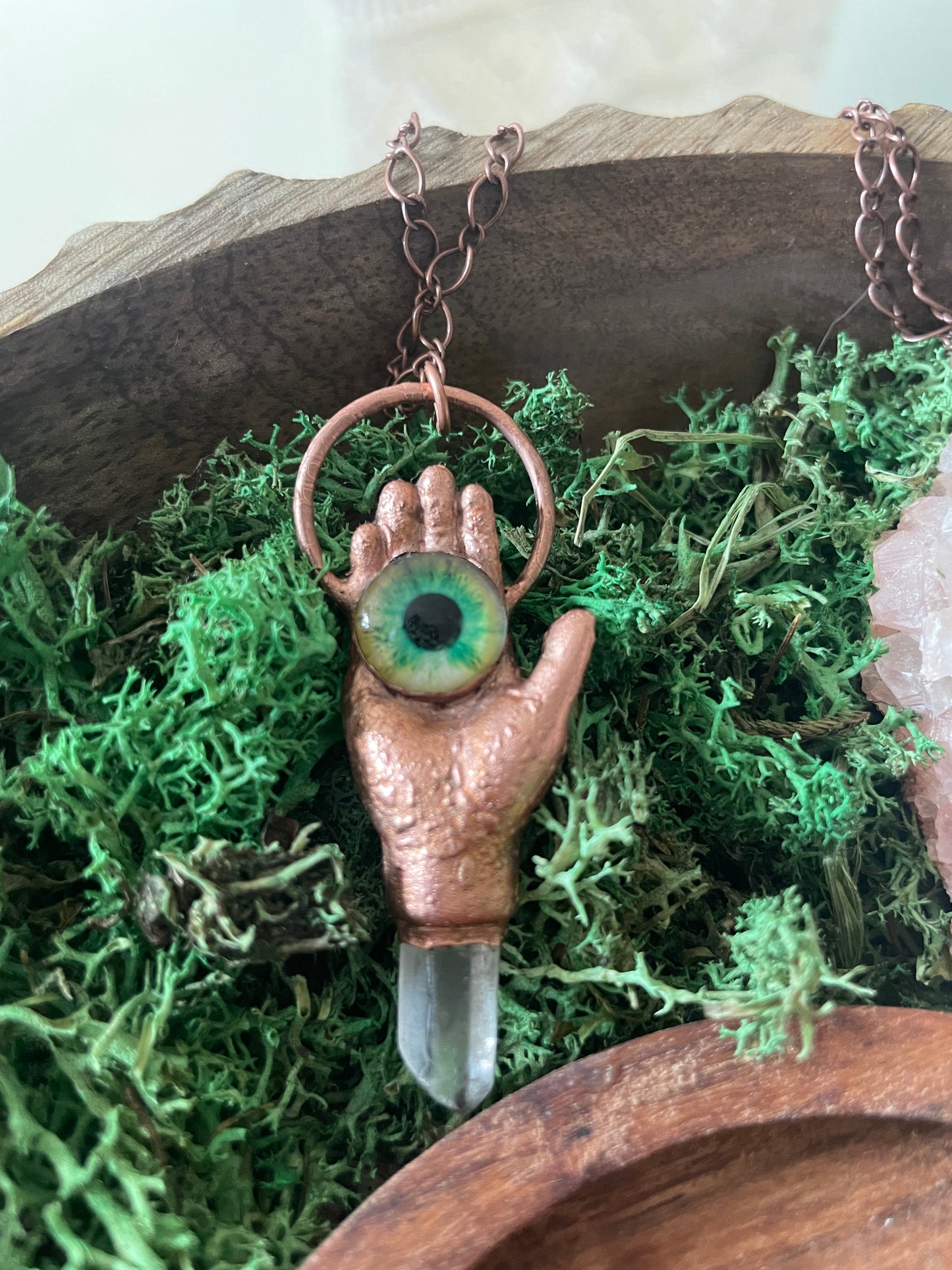 Electroformed Copper Hand/Eye Quartz Necklace