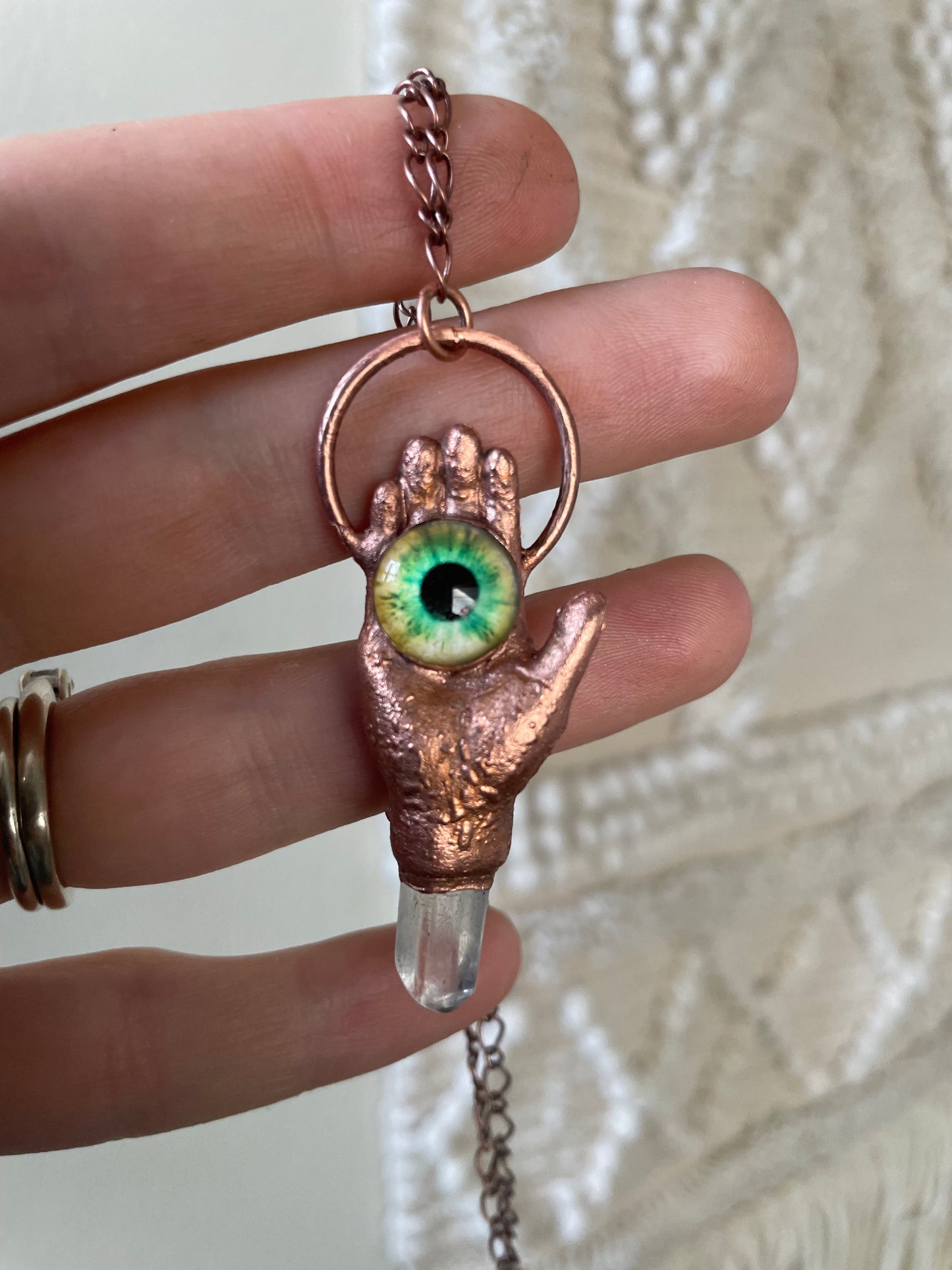 Electroformed Copper Hand/Eye Quartz Necklace