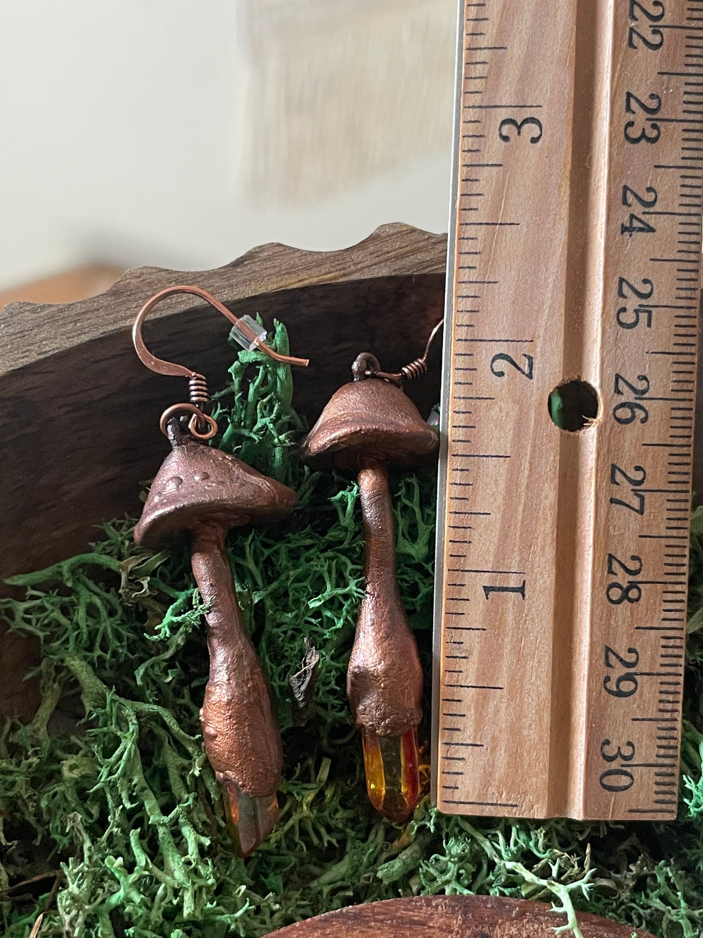Electroformed Copper Mushroom Orange Quartz Stem Earrings