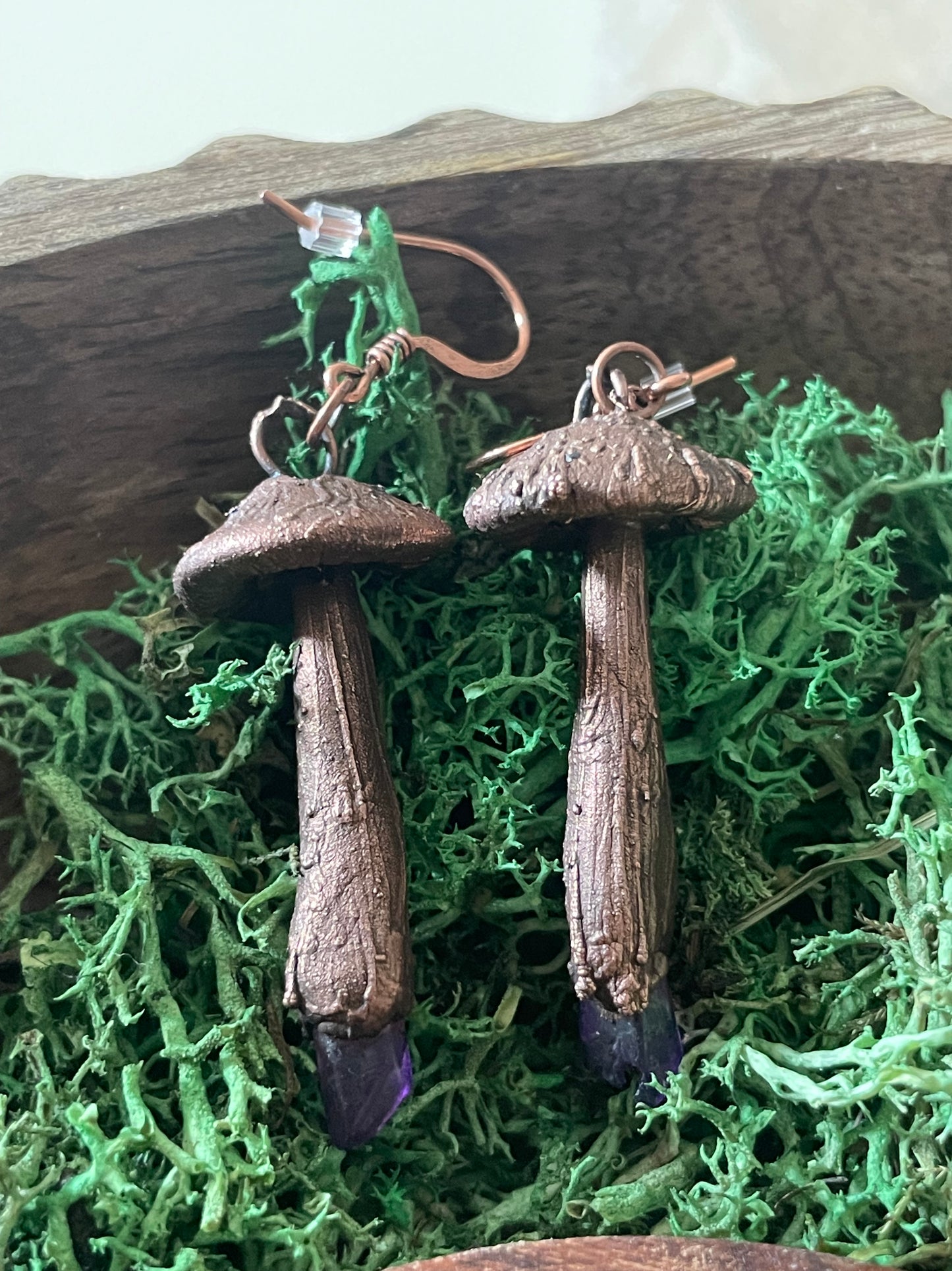 Electroformed Copper Mushroom Purple Quartz Stem Earrings