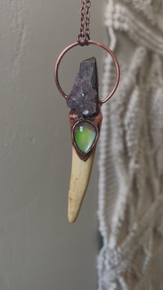 Electroformed Copper Amethyst and Mood Stone Antler Wand Necklace