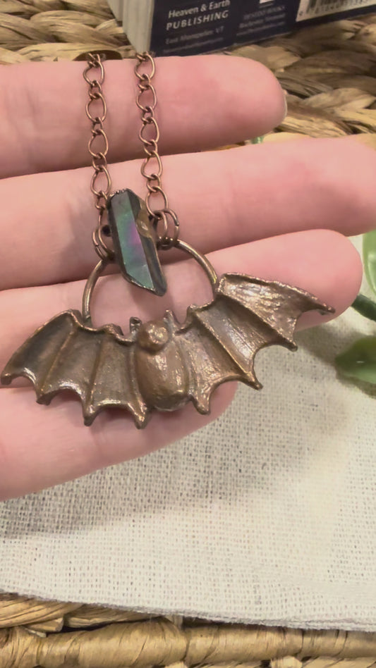 Electroformed Copper Bat with Aura Quartz Necklace