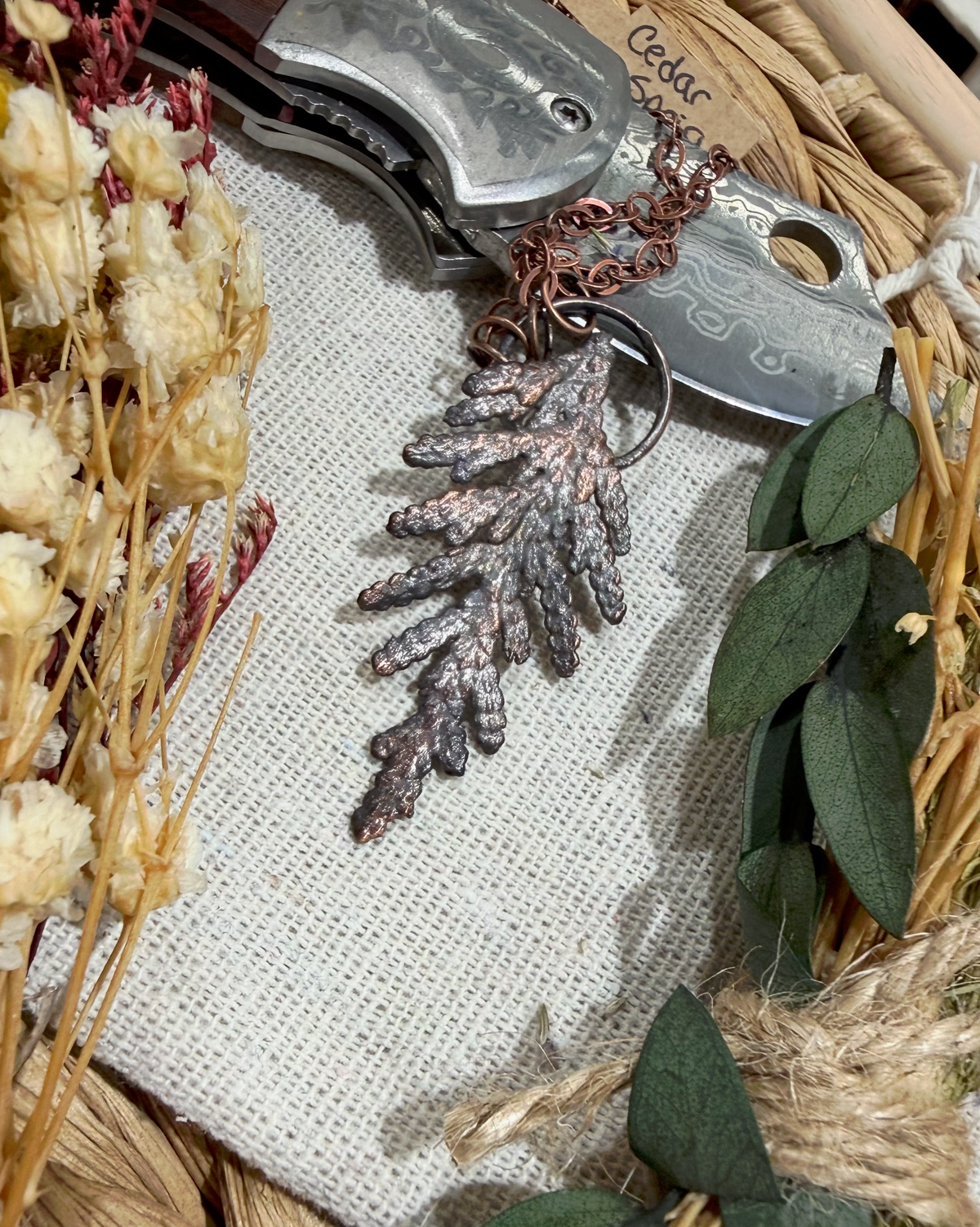 Electroformed Copper Cedar Sprig Necklace