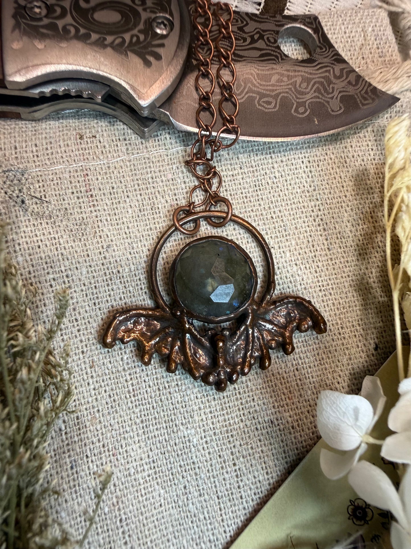 Electroformed Copper Bat & Labradorite Necklace