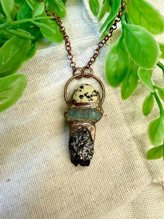 Electroformed Copper Dalmation Jasper/kyanite/Black Tourmaline Stacked Stone Necklace