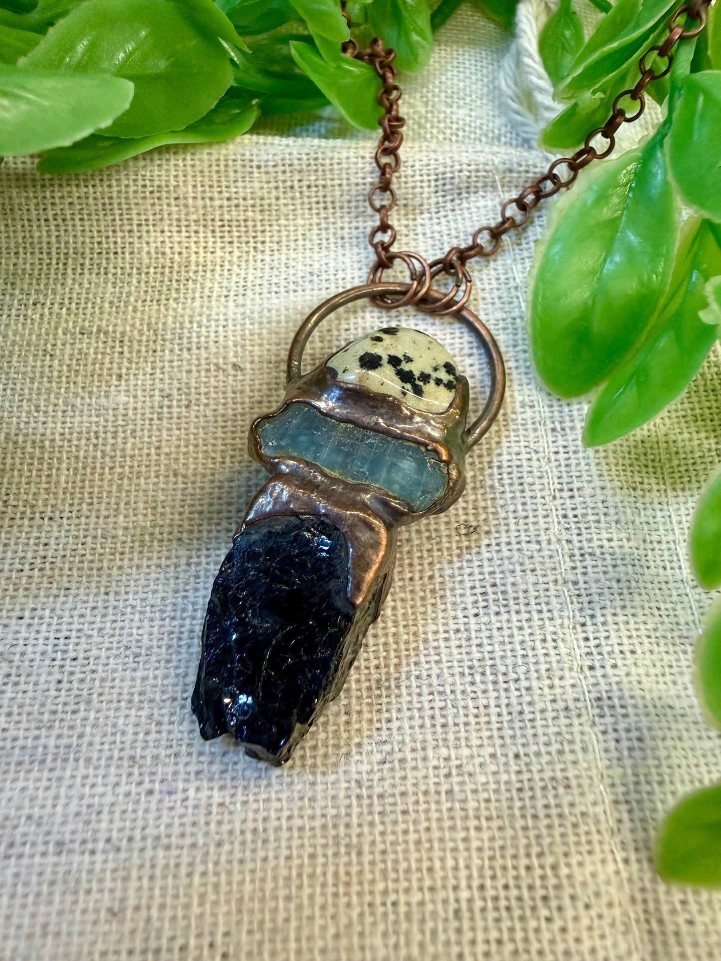 Electroformed Copper Dalmation Jasper/kyanite/Black Tourmaline Stacked Stone Necklace