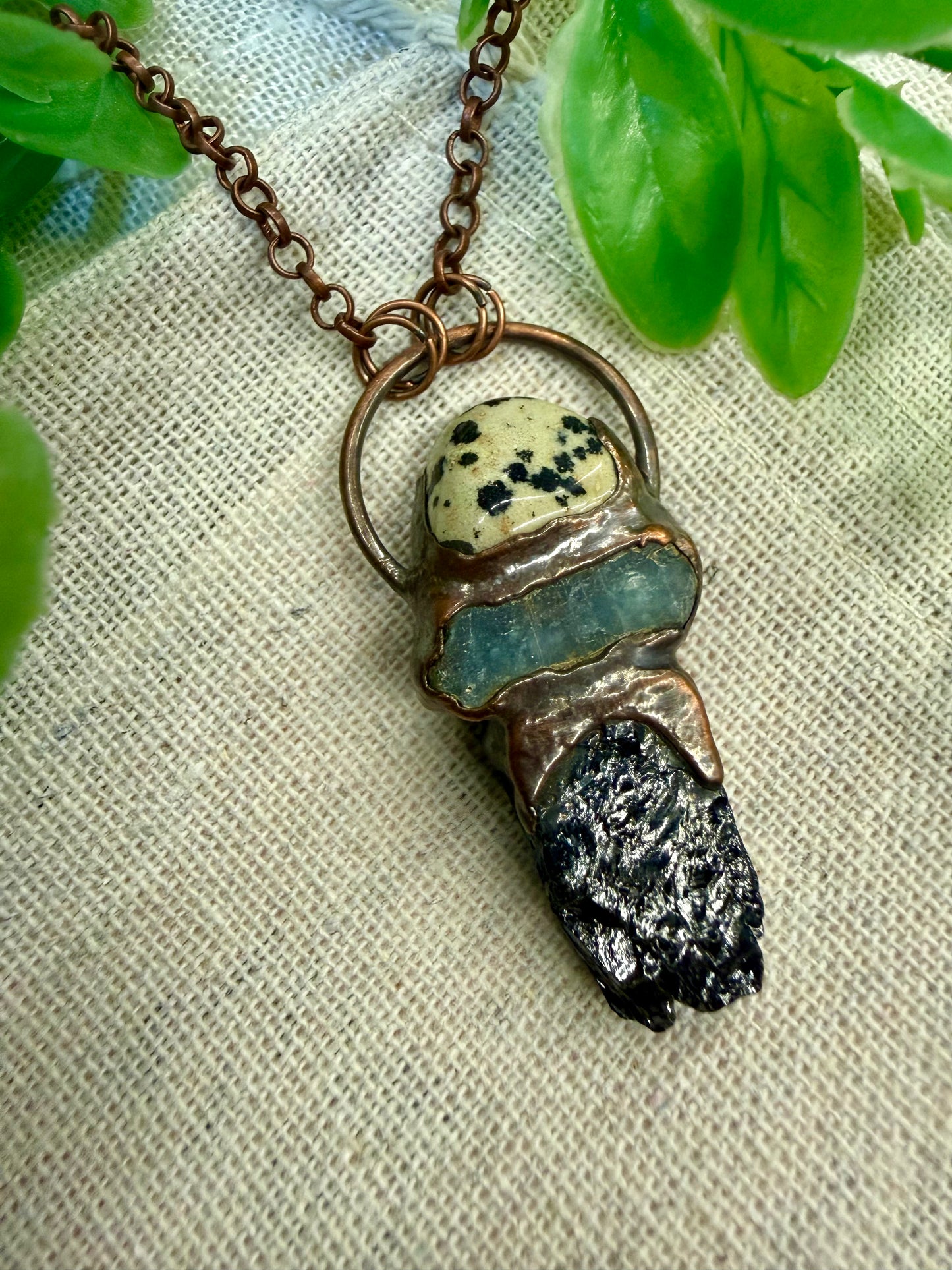 Electroformed Copper Dalmation Jasper/kyanite/Black Tourmaline Stacked Stone Necklace