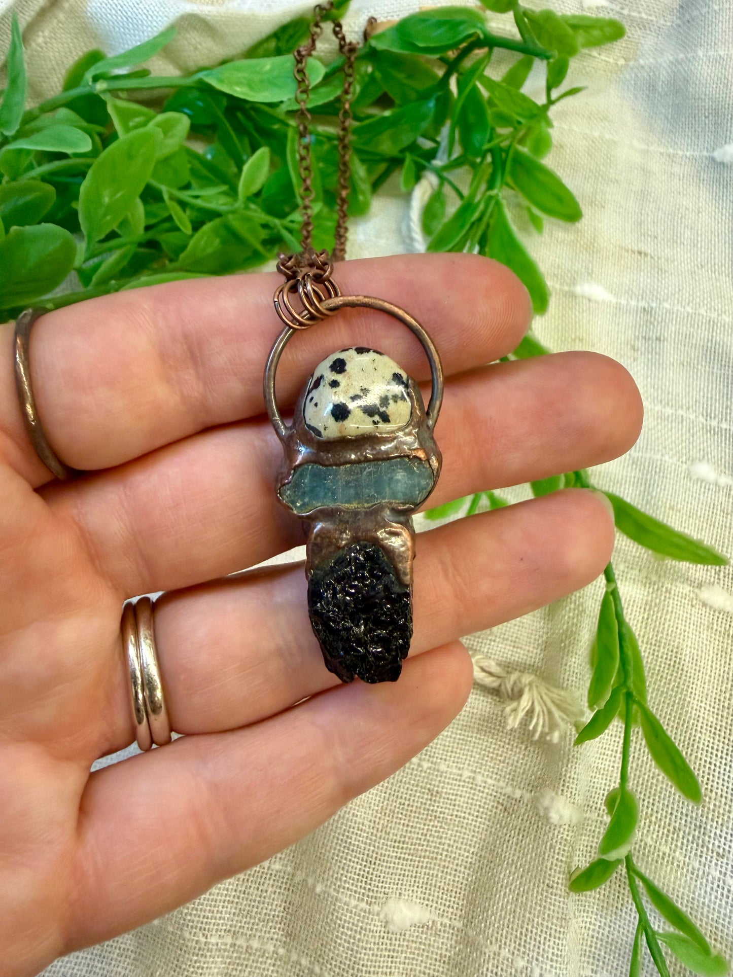 Electroformed Copper Dalmation Jasper/kyanite/Black Tourmaline Stacked Stone Necklace