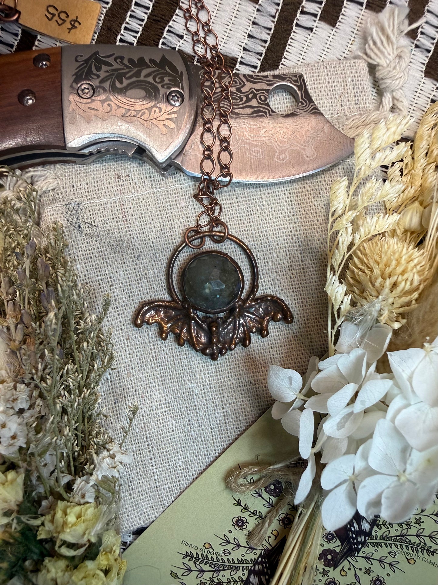 Electroformed Copper Bat & Labradorite Necklace