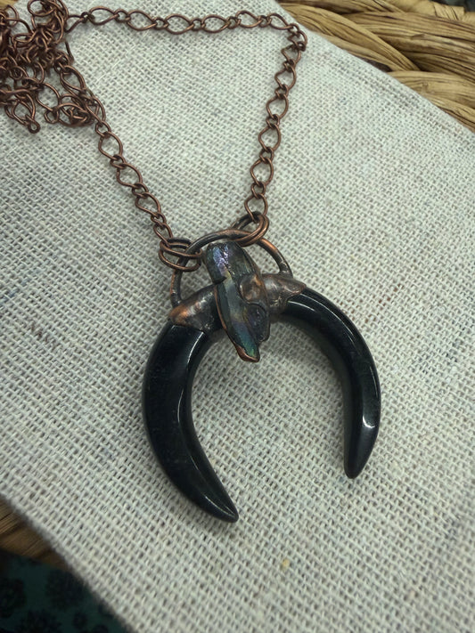 Electroformed Copper Obsidian Horn with Quartz Necklace