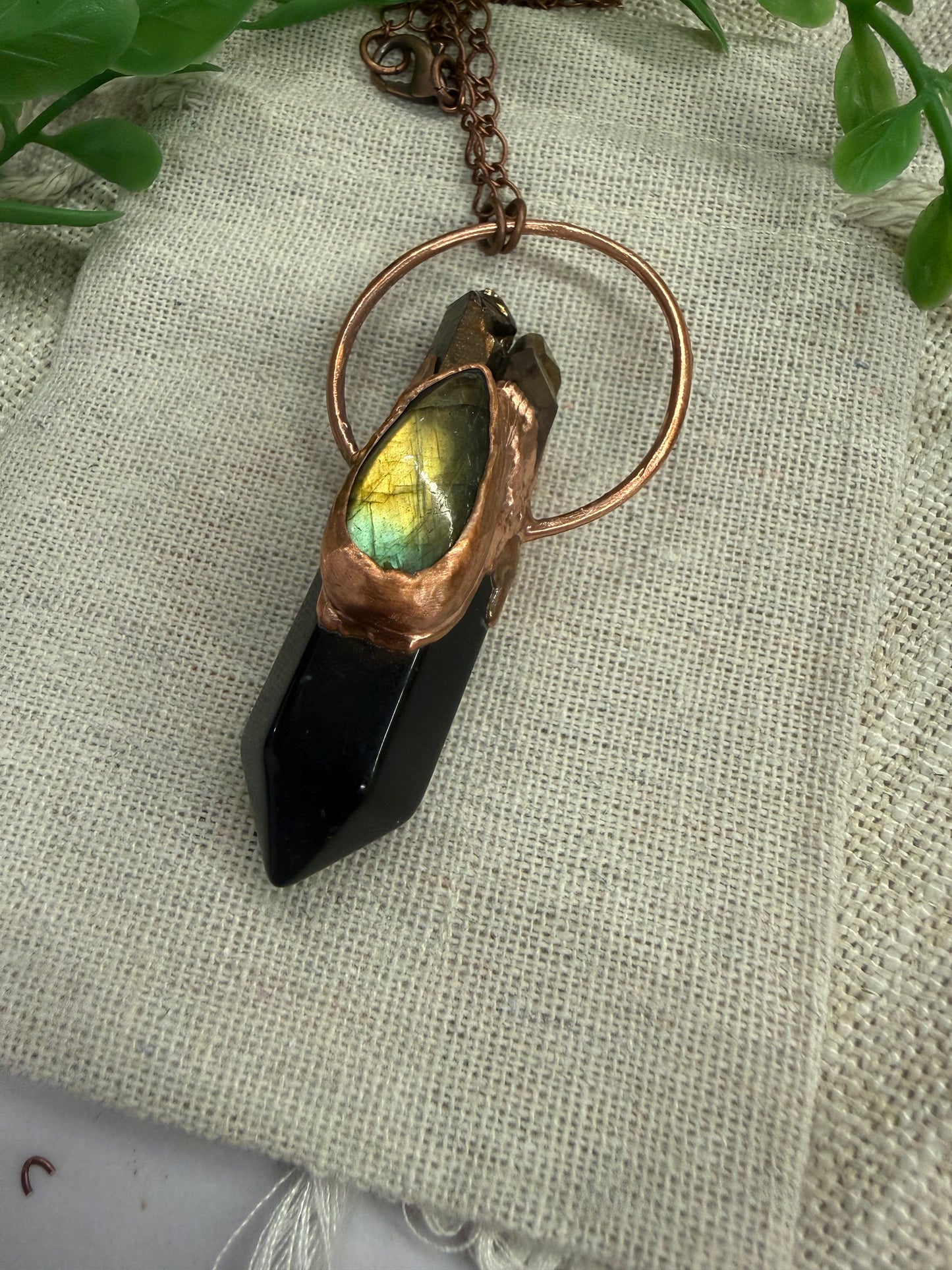 Electroformed Aura Quartz/ Labradorite/ Obsidian Amulet Necklace