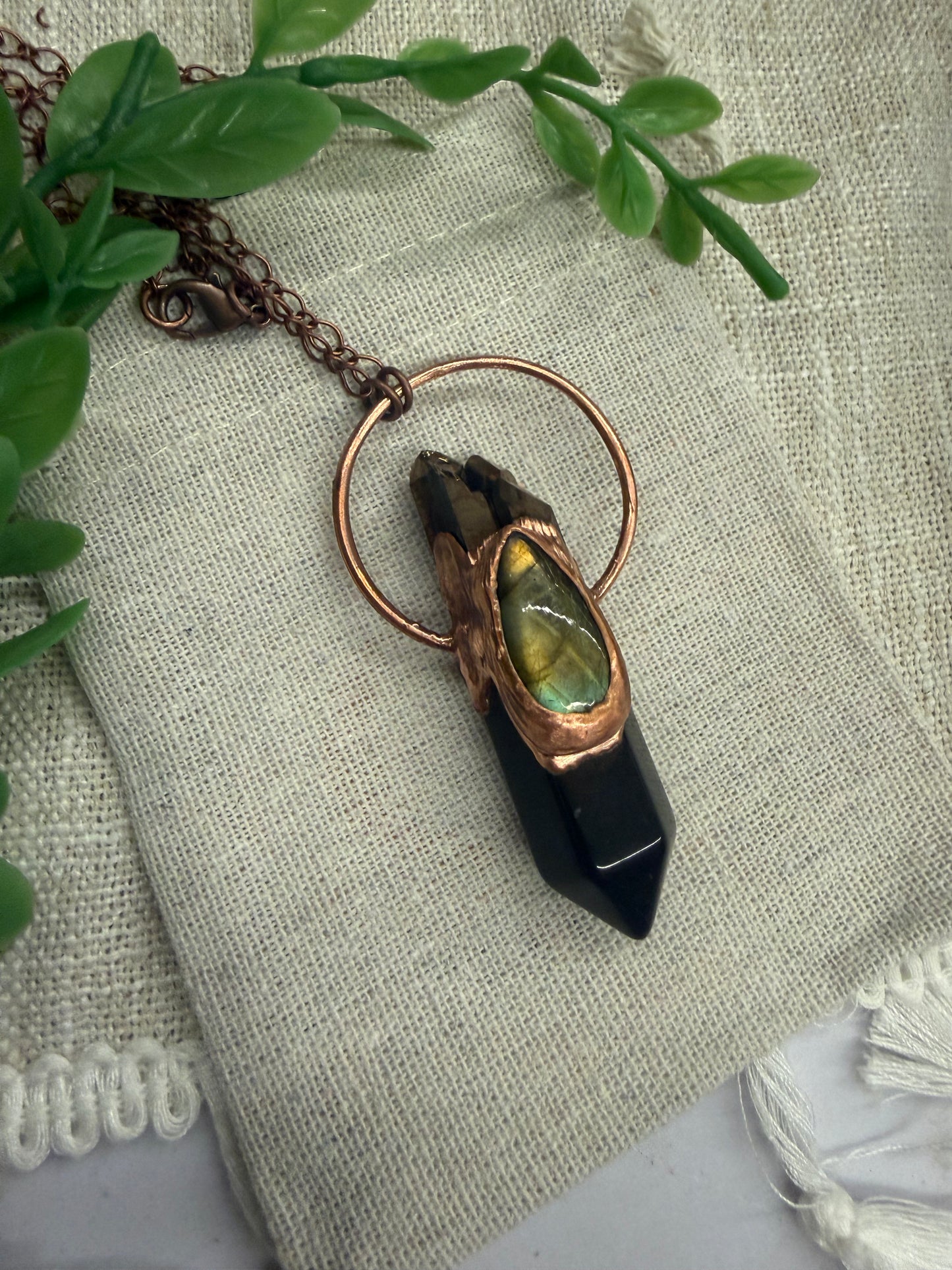 Electroformed Aura Quartz/ Labradorite/ Obsidian Amulet Necklace