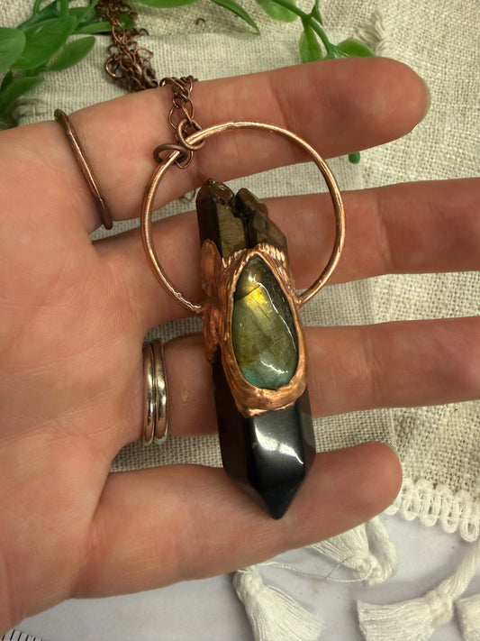Electroformed Aura Quartz/ Labradorite/ Obsidian Amulet Necklace