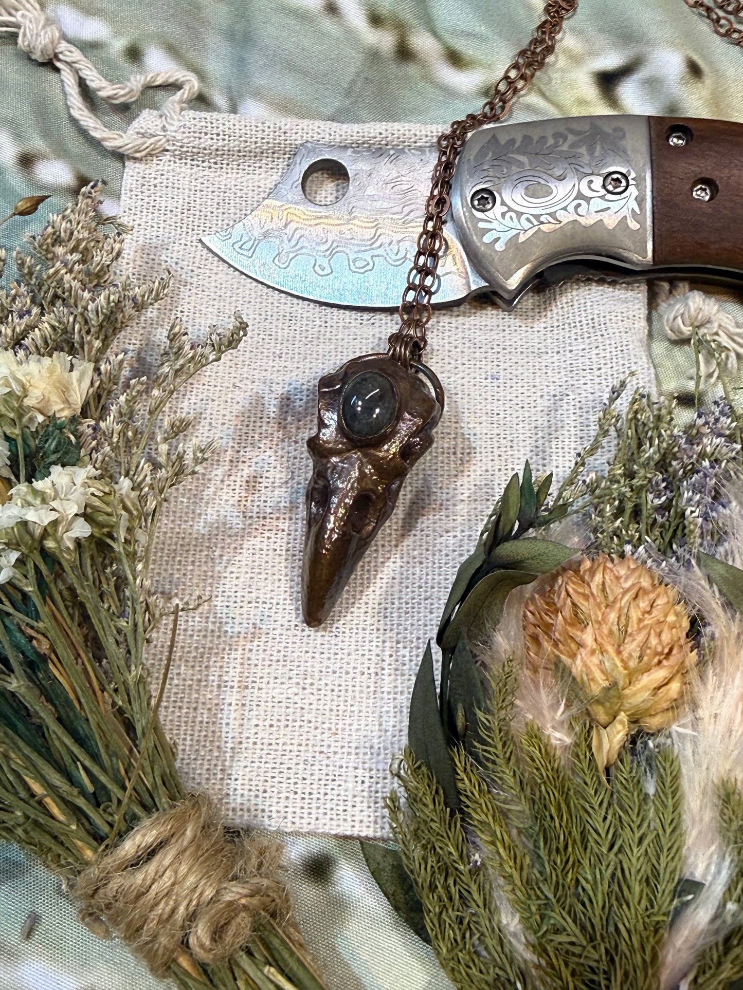 Electroformed Copper Raven Skull with Indian Agate Necklace