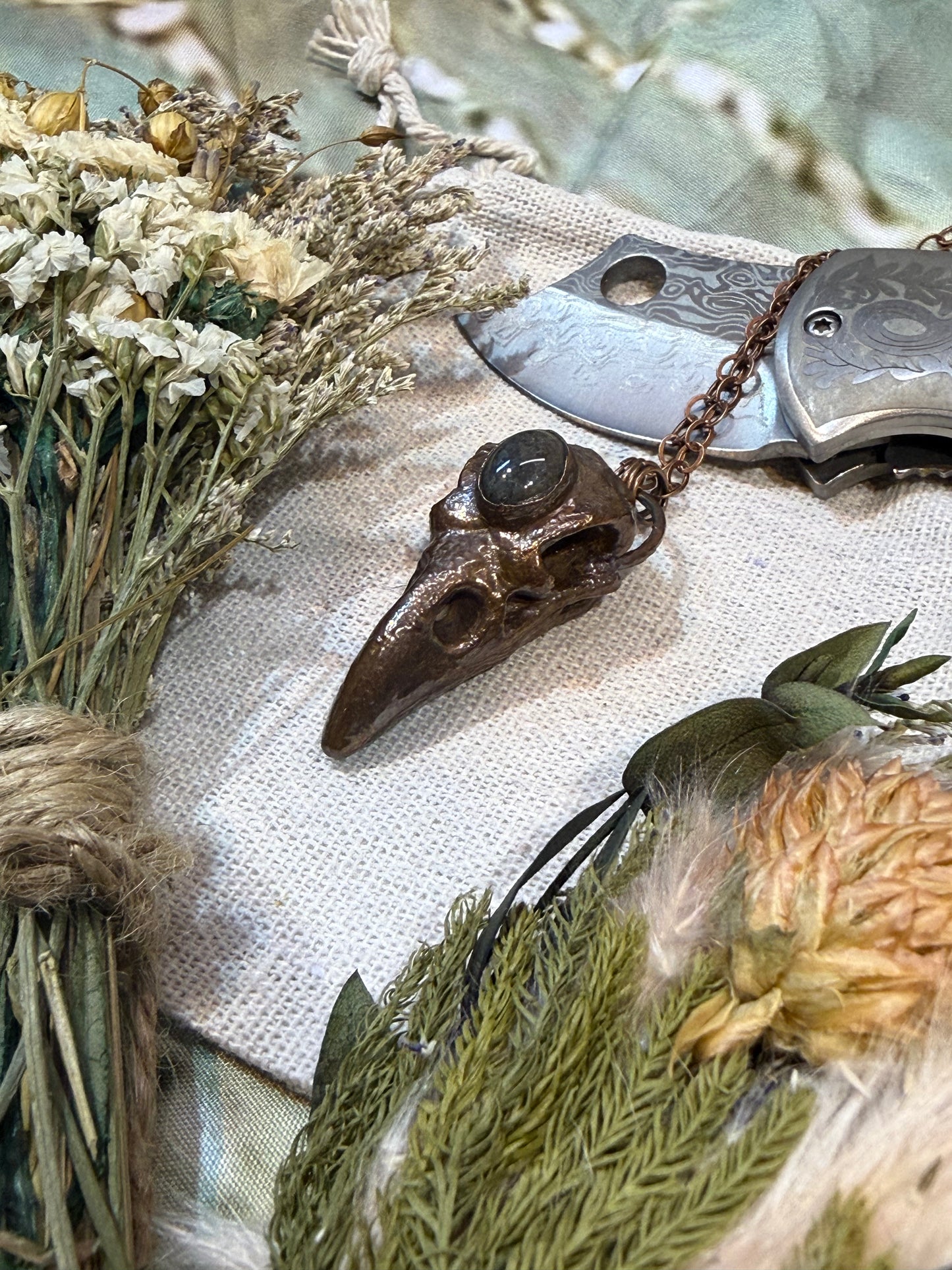 Electroformed Copper Raven Skull with Indian Agate Necklace