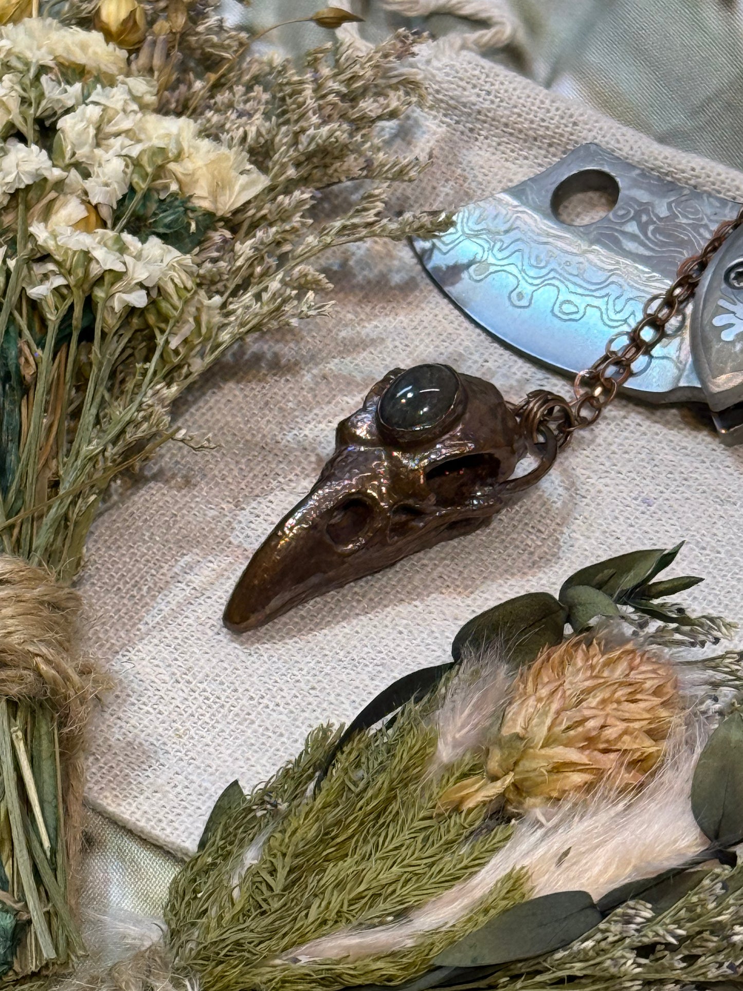 Electroformed Copper Raven Skull with Indian Agate Necklace