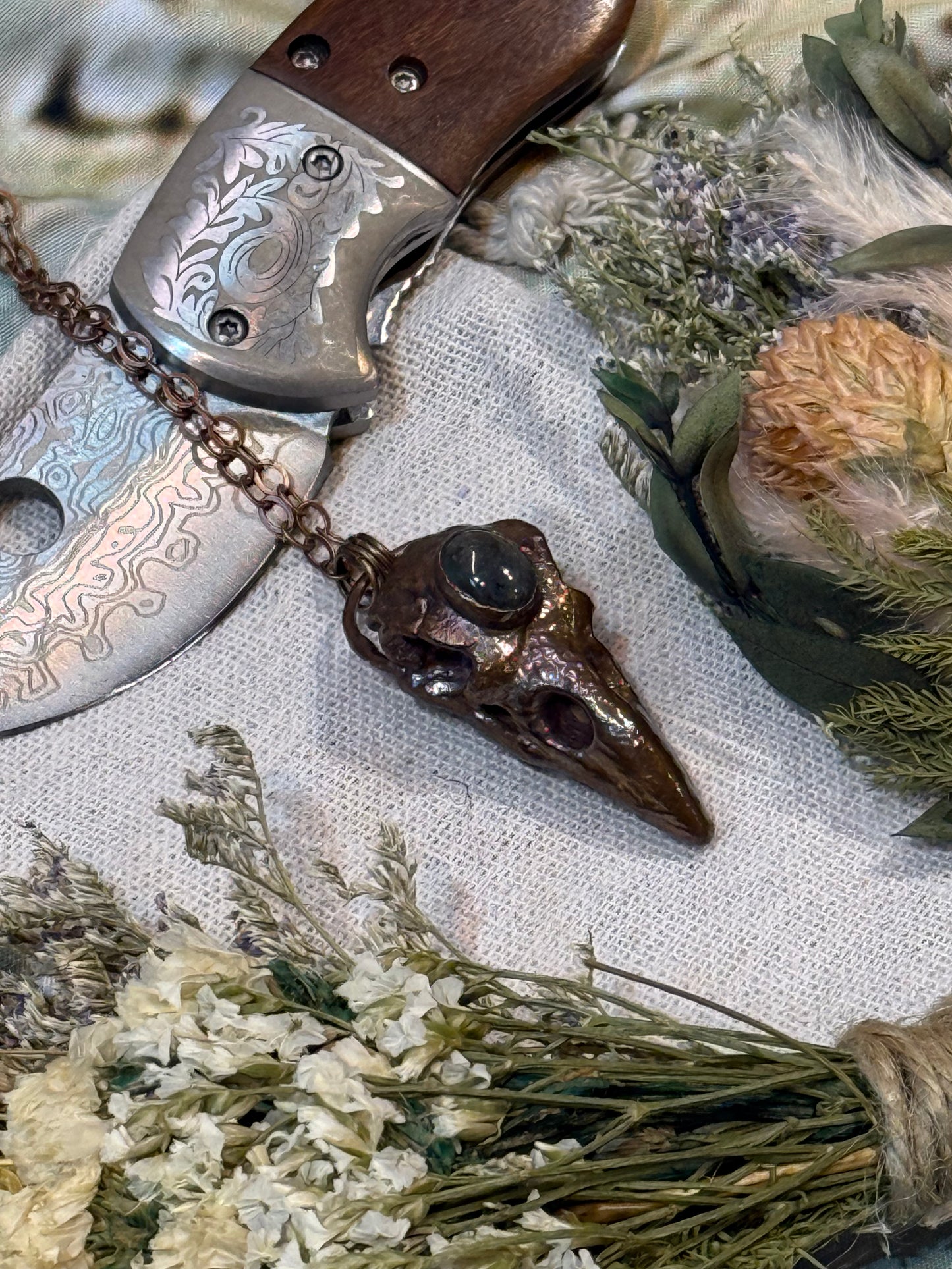 Electroformed Copper Raven Skull with Indian Agate Necklace
