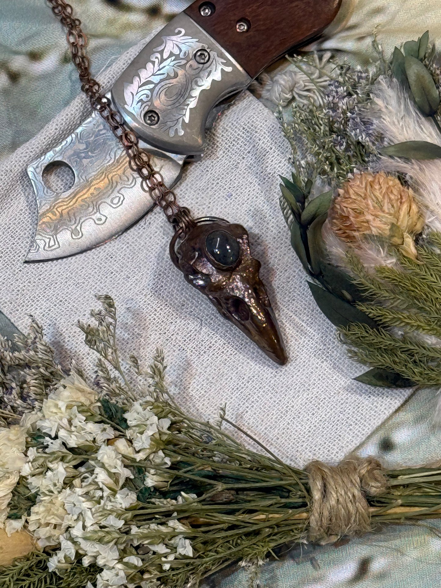 Electroformed Copper Raven Skull with Indian Agate Necklace