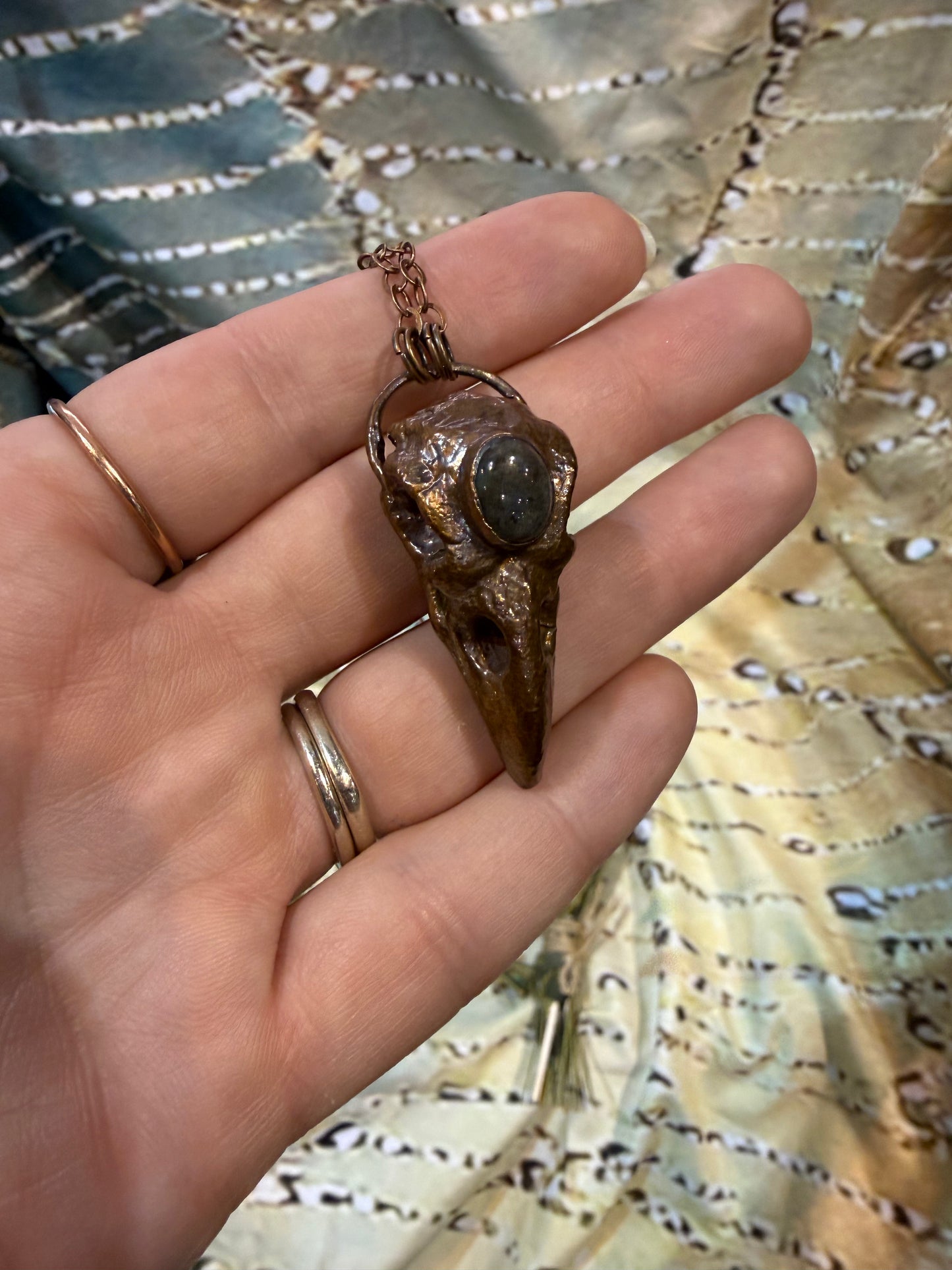 Electroformed Copper Raven Skull with Indian Agate Necklace