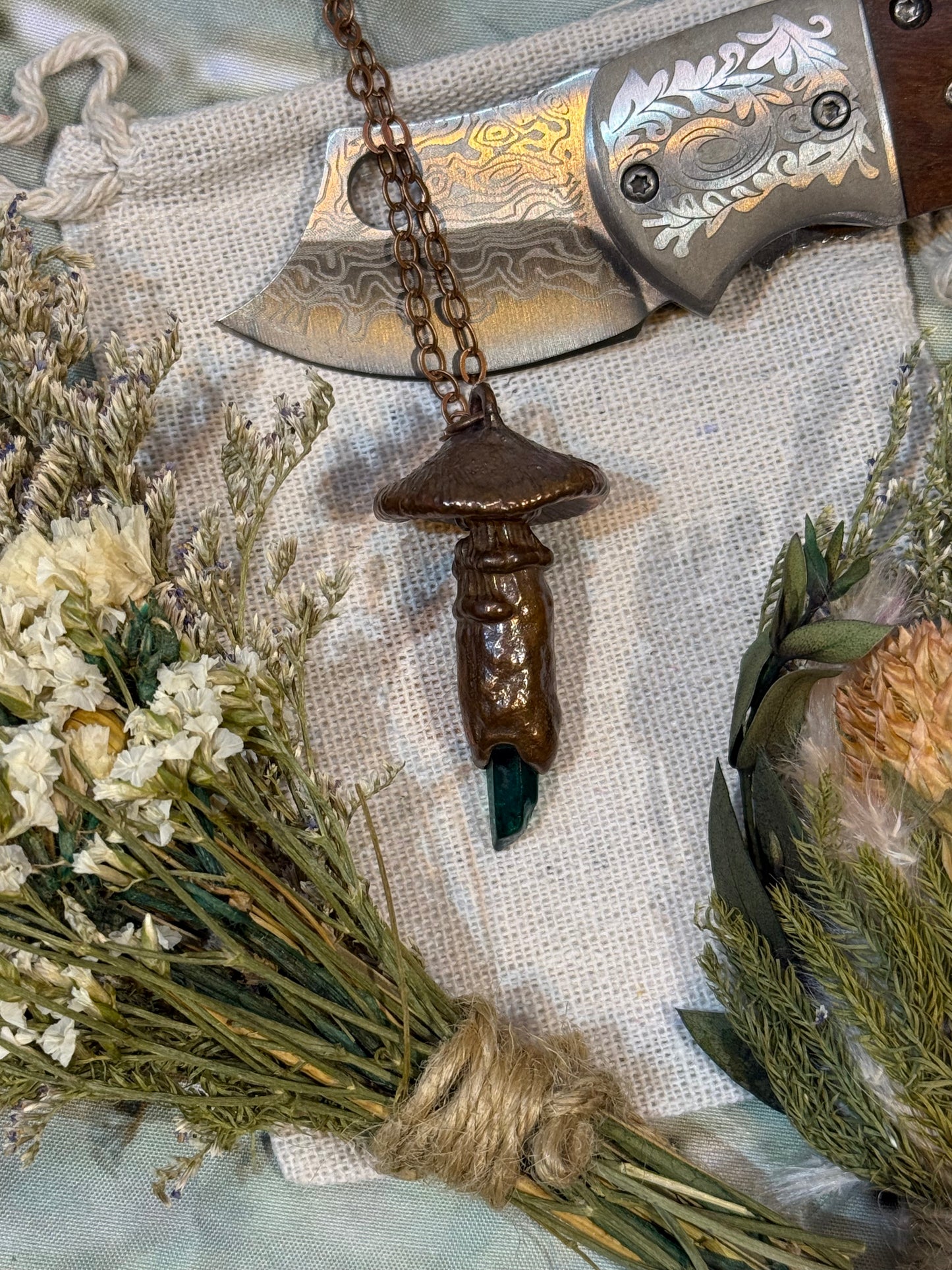 Electroformed Copper Green Quartz Sculpted Mushroom Necklace (Copy)