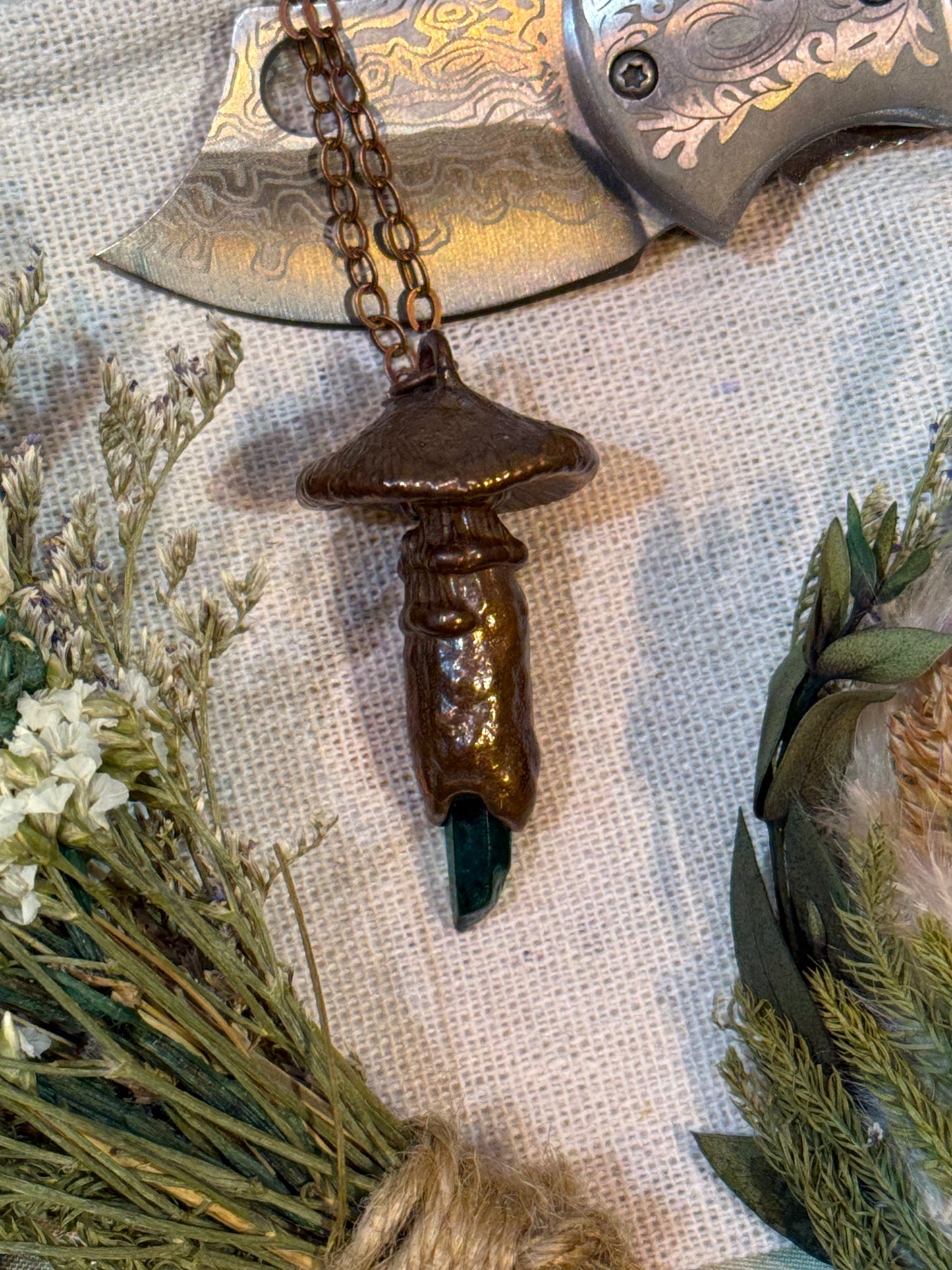 Electroformed Copper Green Quartz Sculpted Mushroom Necklace (Copy)