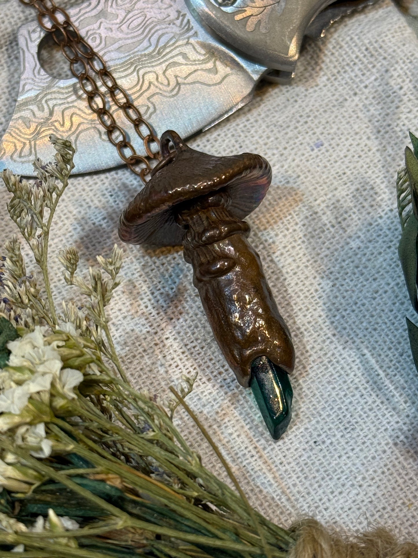 Electroformed Copper Green Quartz Sculpted Mushroom Necklace (Copy)