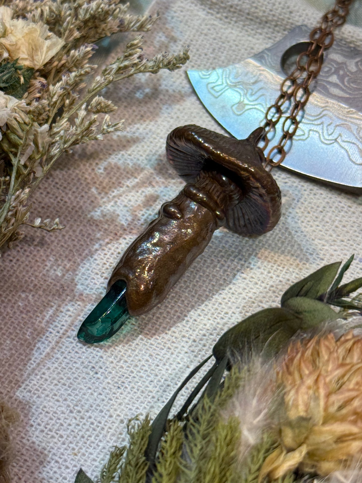 Electroformed Copper Green Quartz Sculpted Mushroom Necklace (Copy)