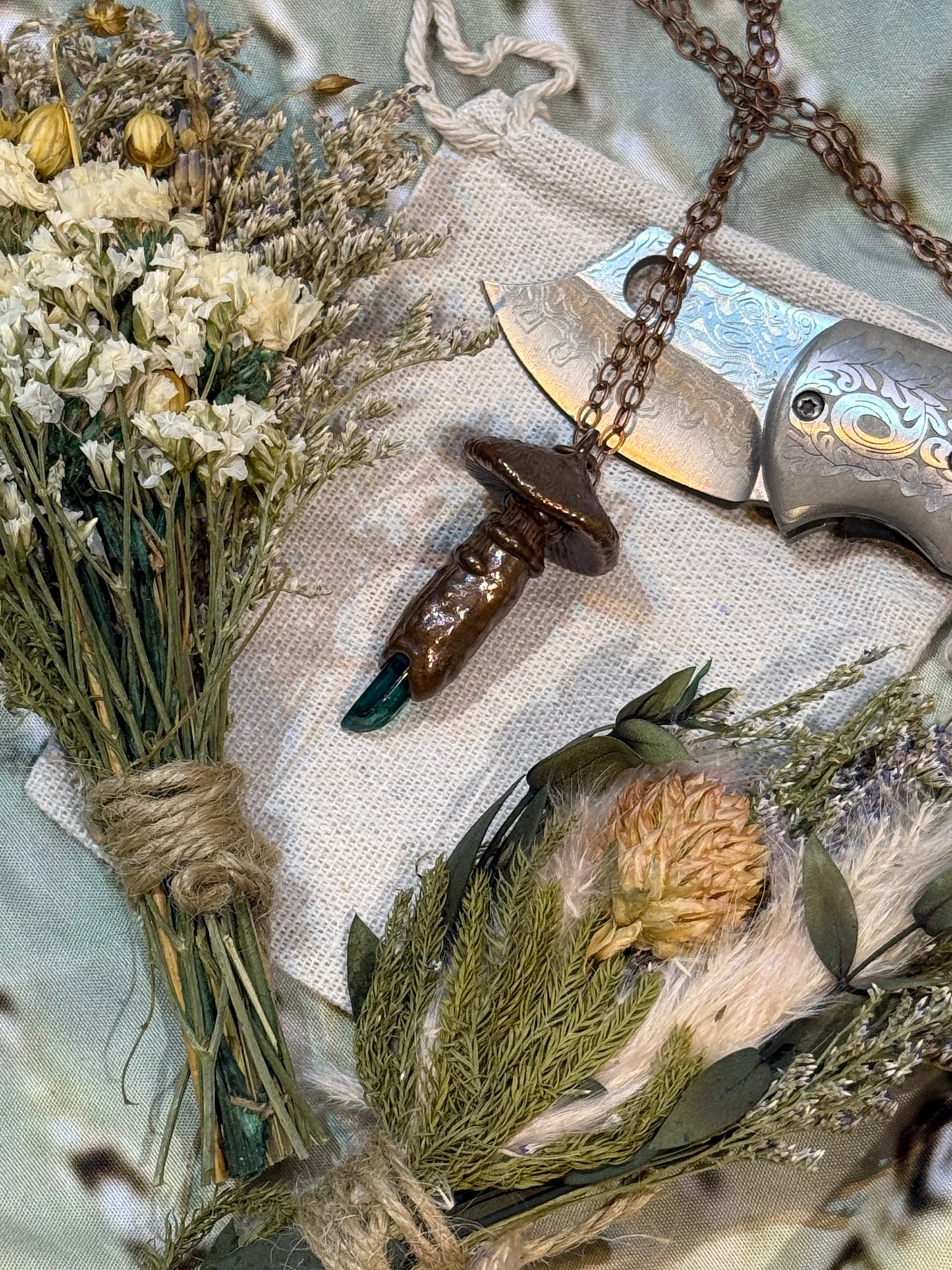 Electroformed Copper Green Quartz Sculpted Mushroom Necklace (Copy)