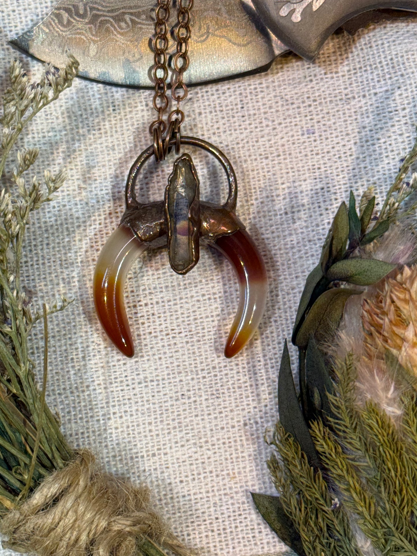 Electroformed Copper Carnelian and Quartz Horn Shape Necklace