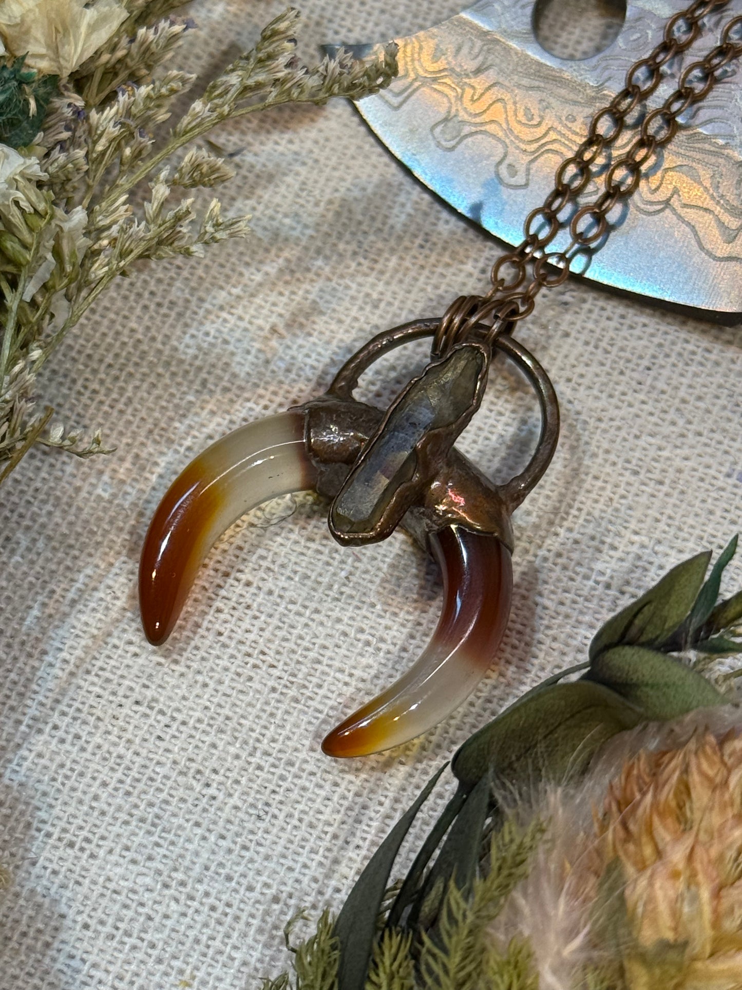 Electroformed Copper Carnelian and Quartz Horn Shape Necklace