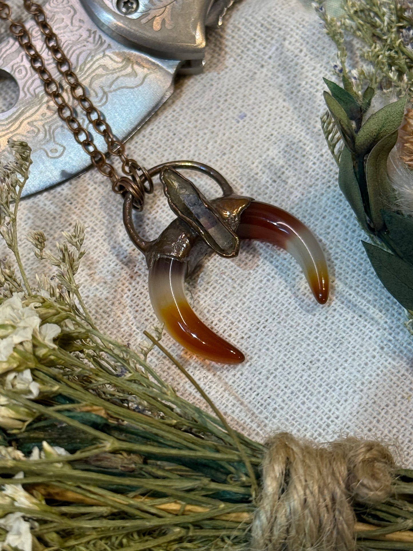 Electroformed Copper Carnelian and Quartz Horn Shape Necklace