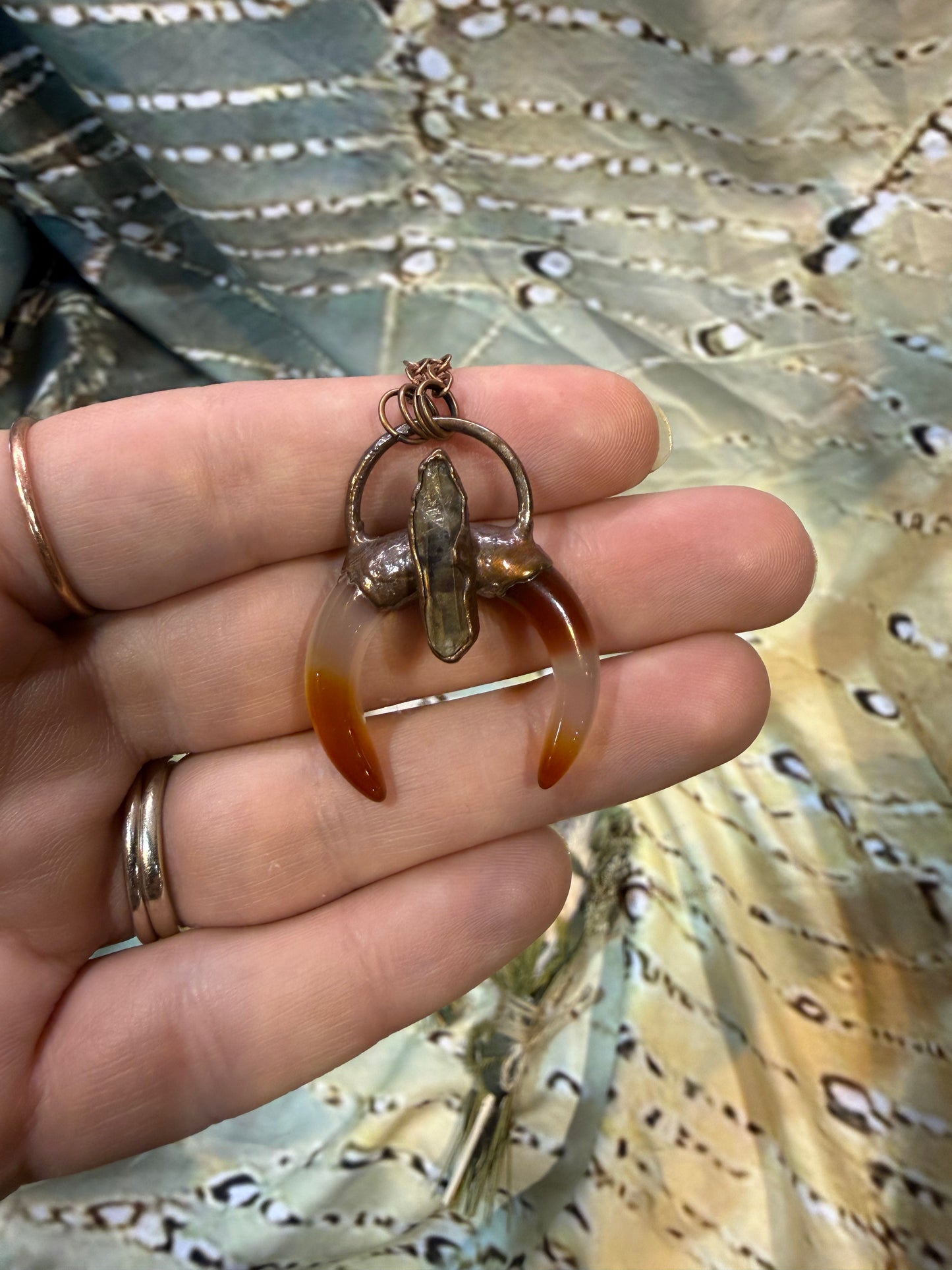 Electroformed Copper Carnelian and Quartz Horn Shape Necklace