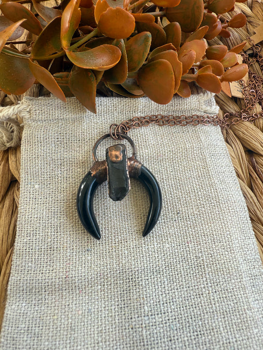 Electroformed Copper obsidian Horn with Quartz Necklace