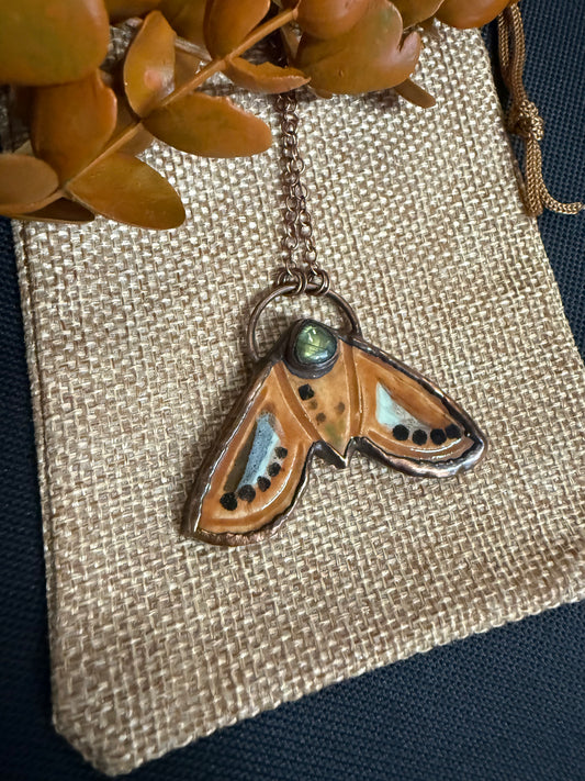 Electroformed Orange Moth and Labradorite Copper Necklace