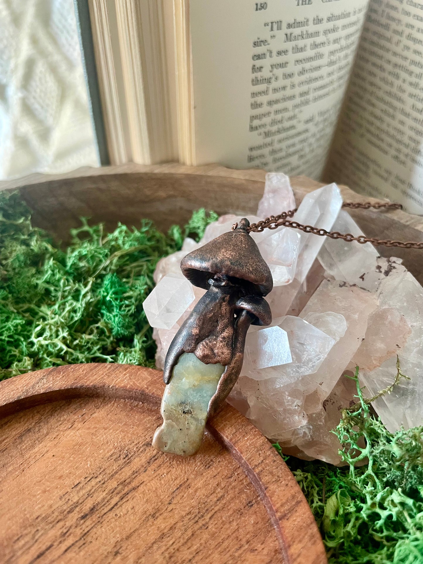 Electroformed Copper Mushroom Duo with Amazonite Stone Stem Necklace