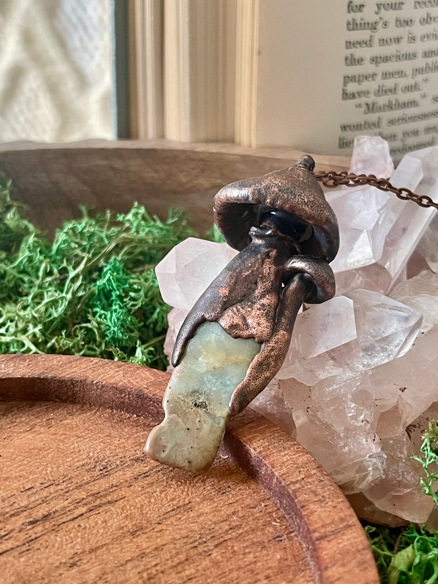 Electroformed Copper Mushroom Duo with Amazonite Stone Stem Necklace