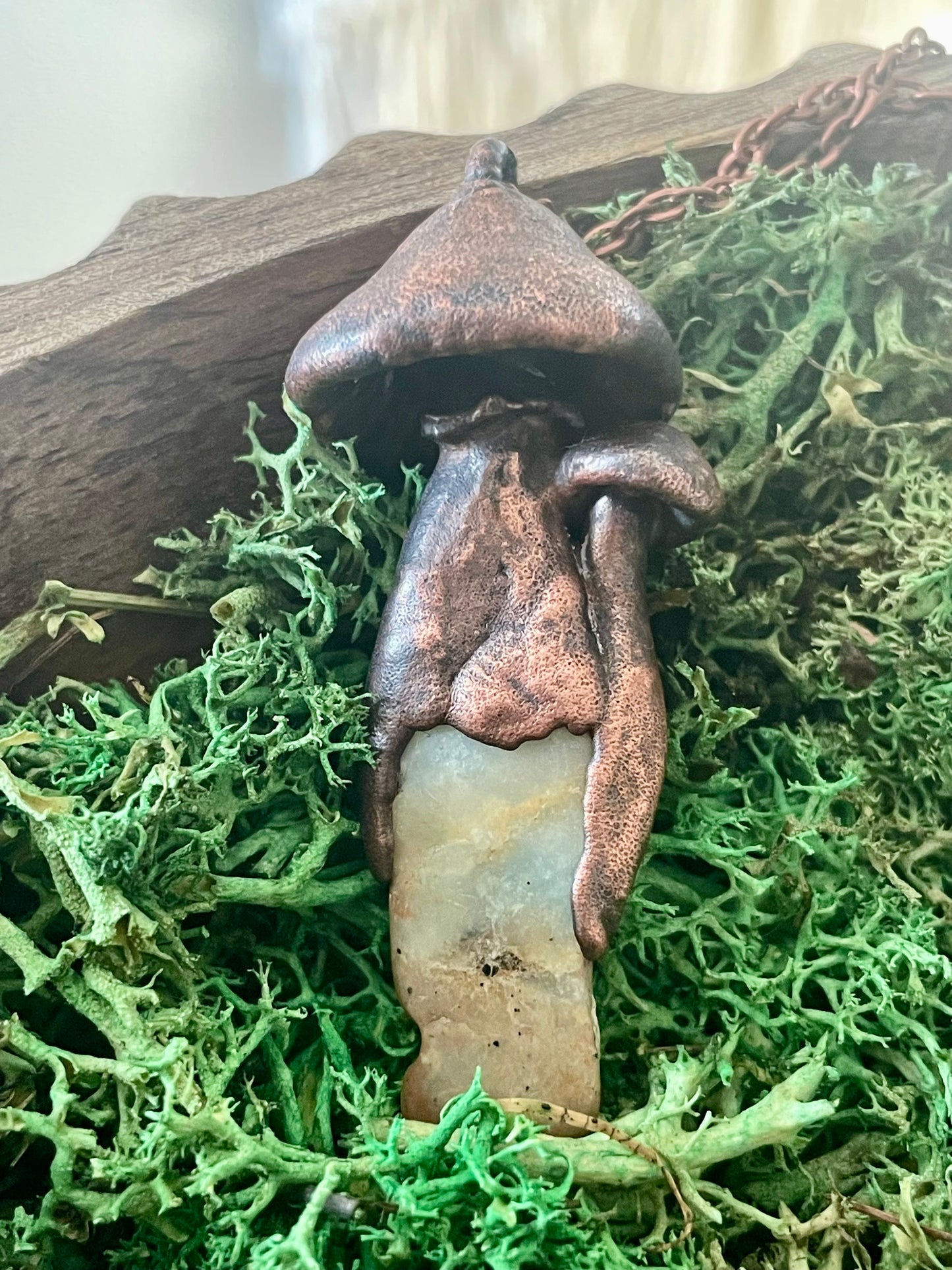 Electroformed Copper Mushroom Duo with Amazonite Stone Stem Necklace