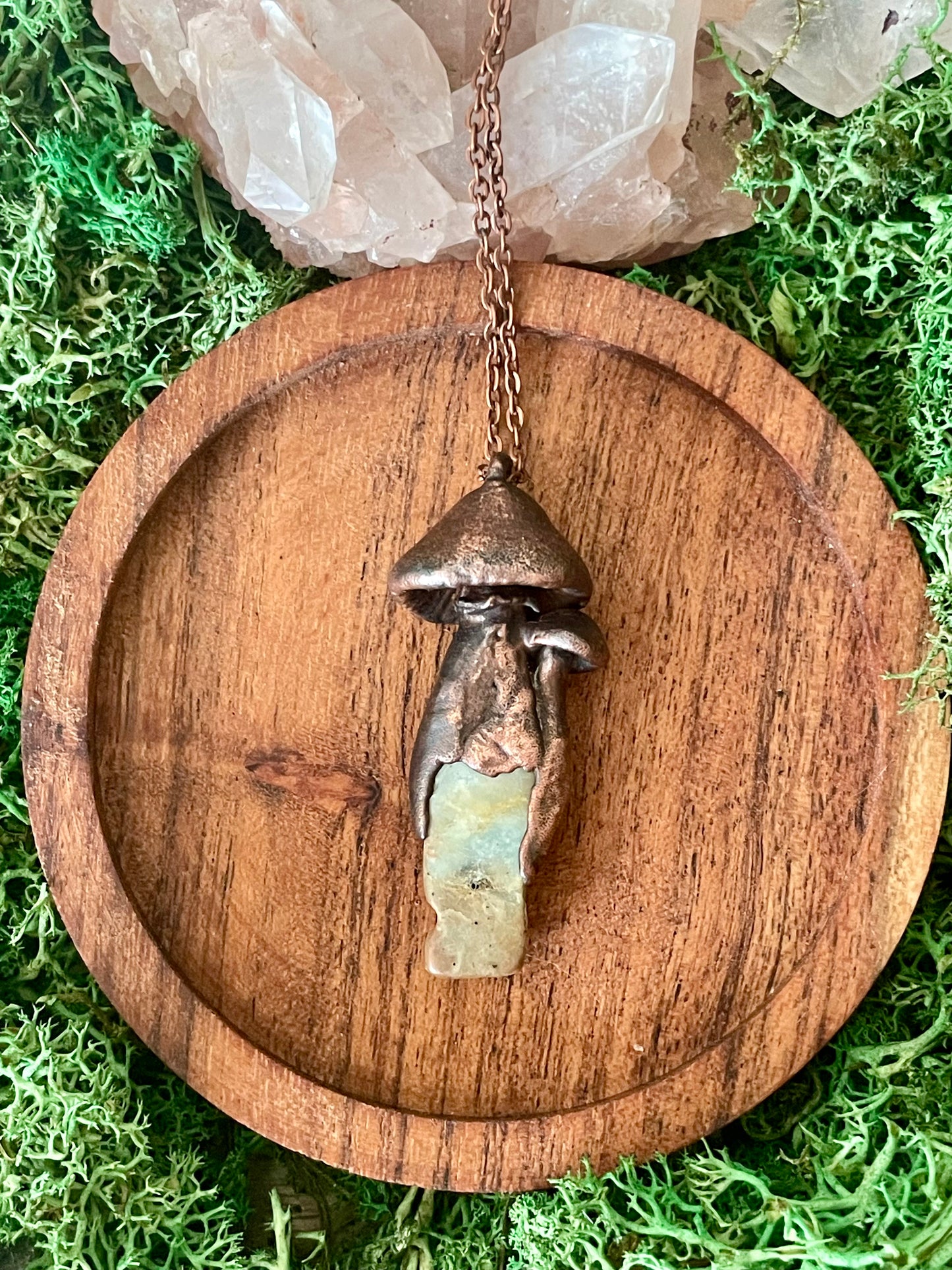 Electroformed Copper Mushroom Duo with Amazonite Stone Stem Necklace