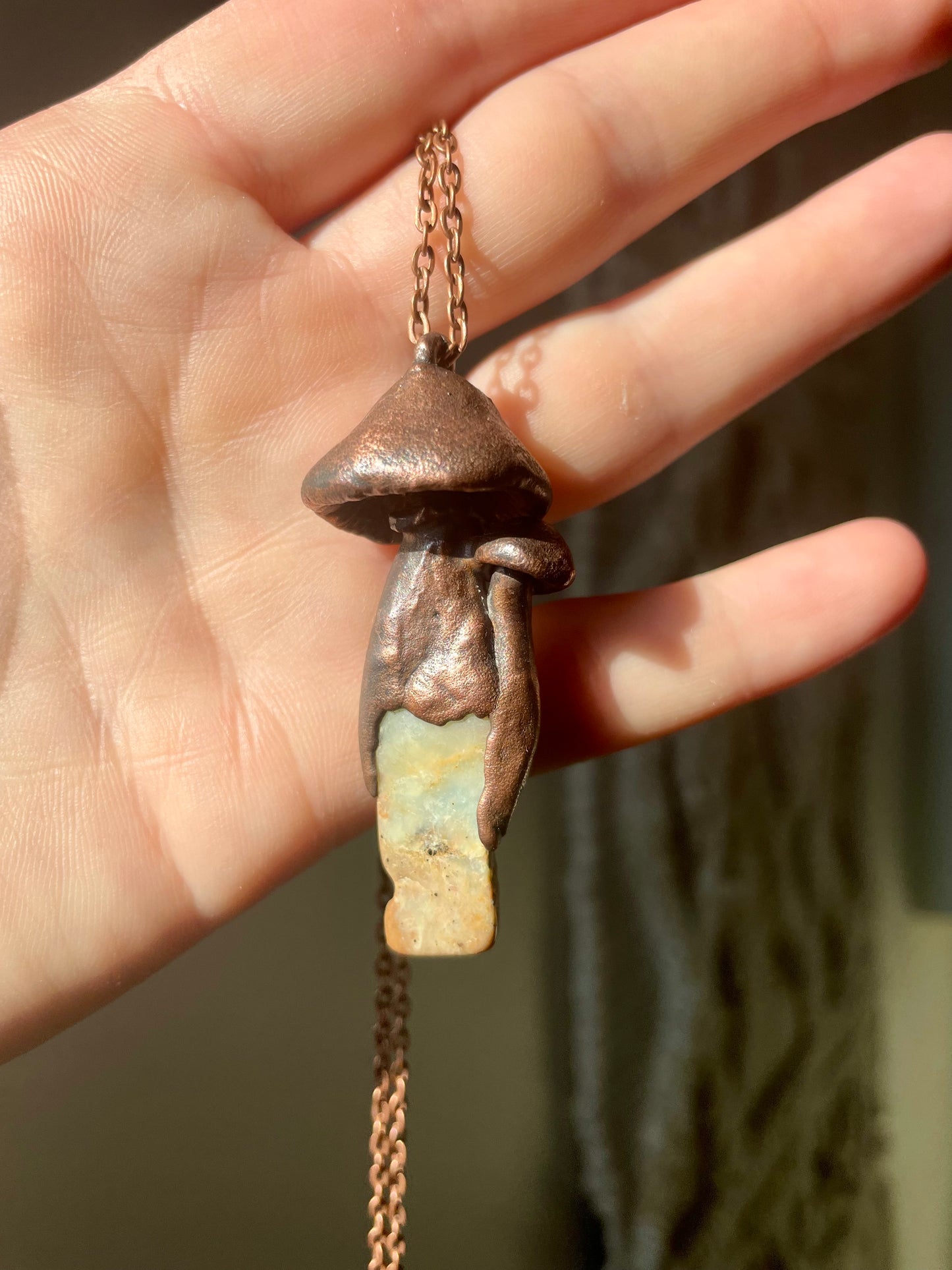 Electroformed Copper Mushroom Duo with Amazonite Stone Stem Necklace