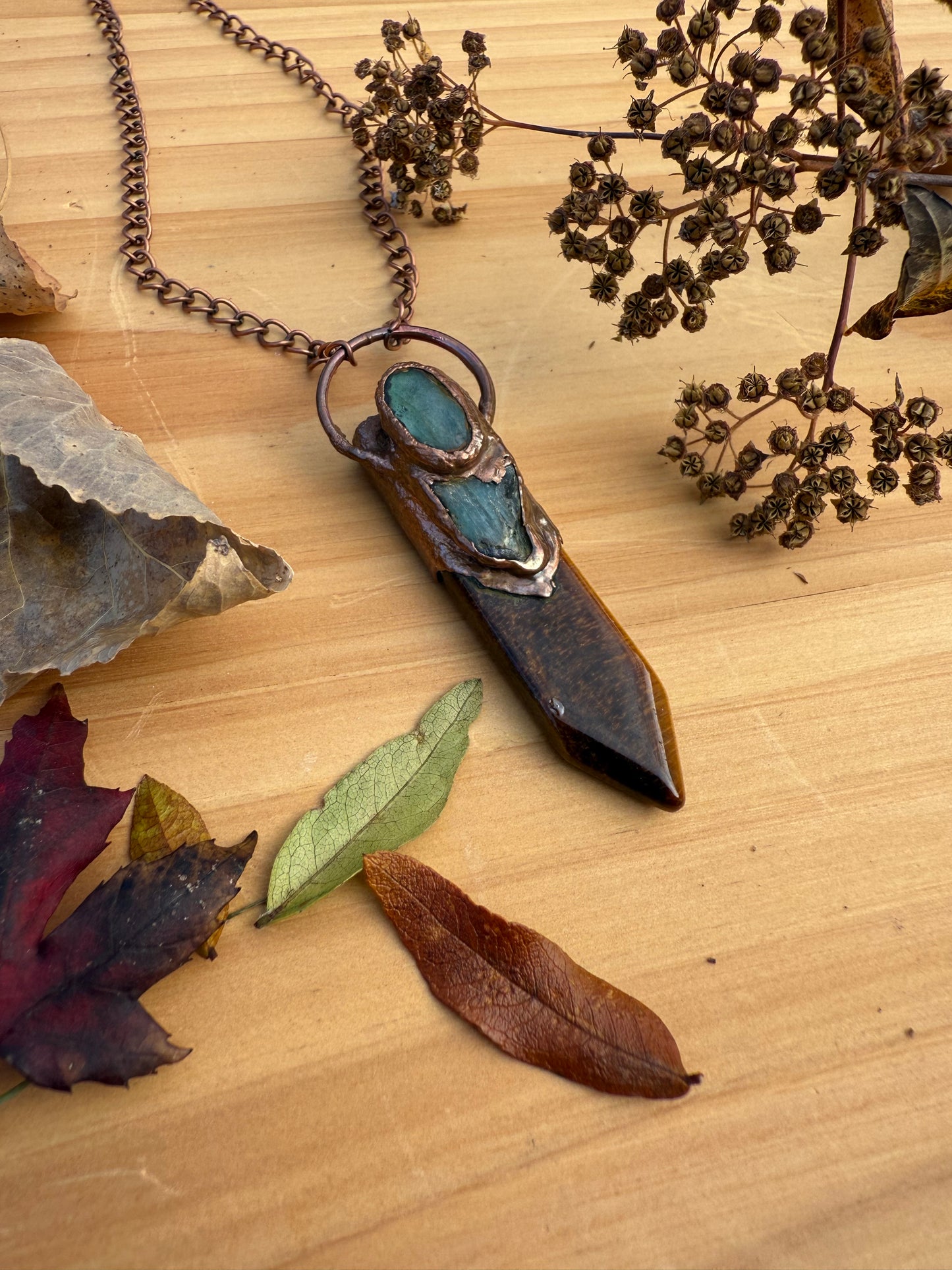 Electroformed Copper Tigers Eye, Kyanite and Labradorite Necklace